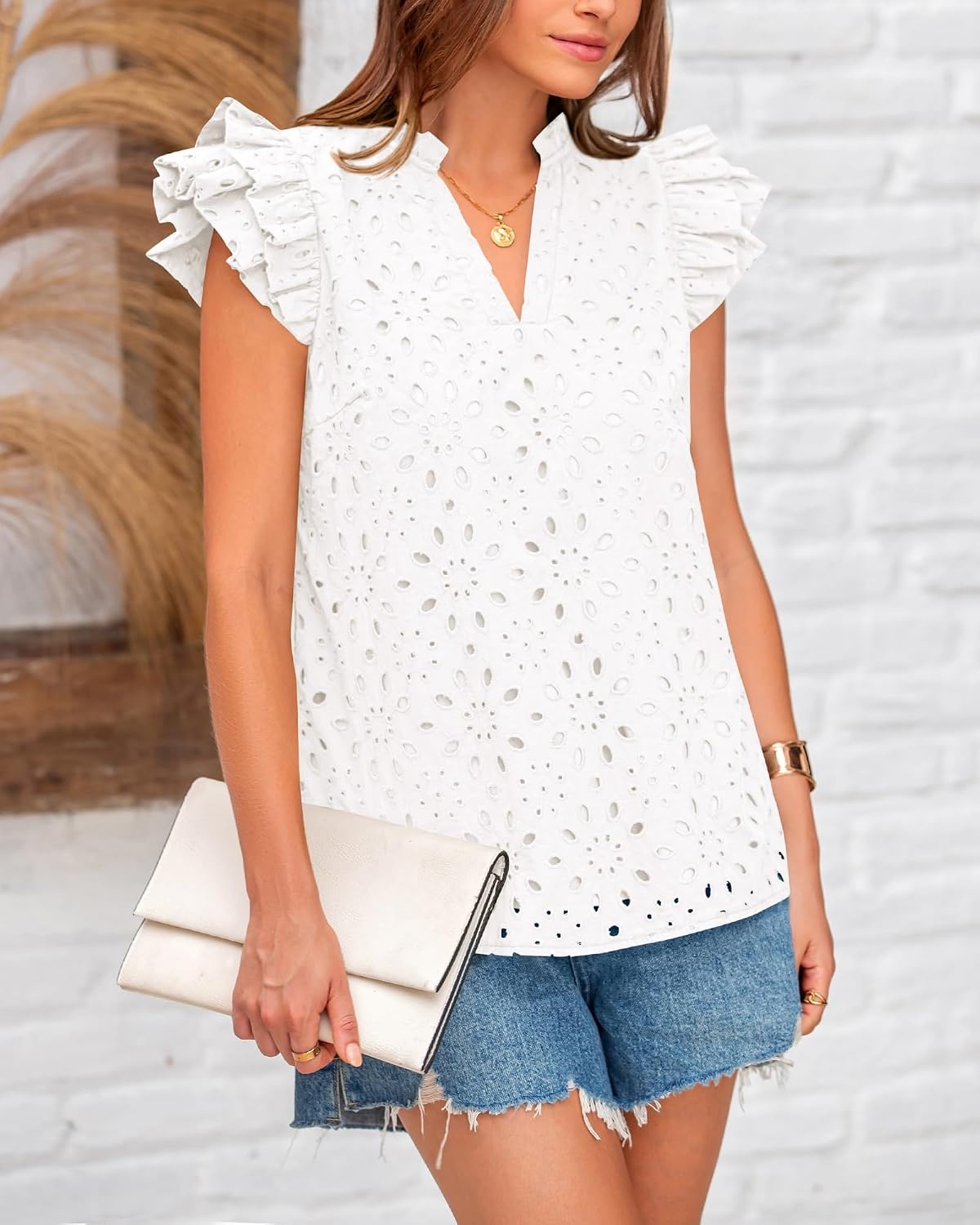 image:imageBTFBM Eyelet Tops for Women Dressy Casual Embroidered ShirtWhite