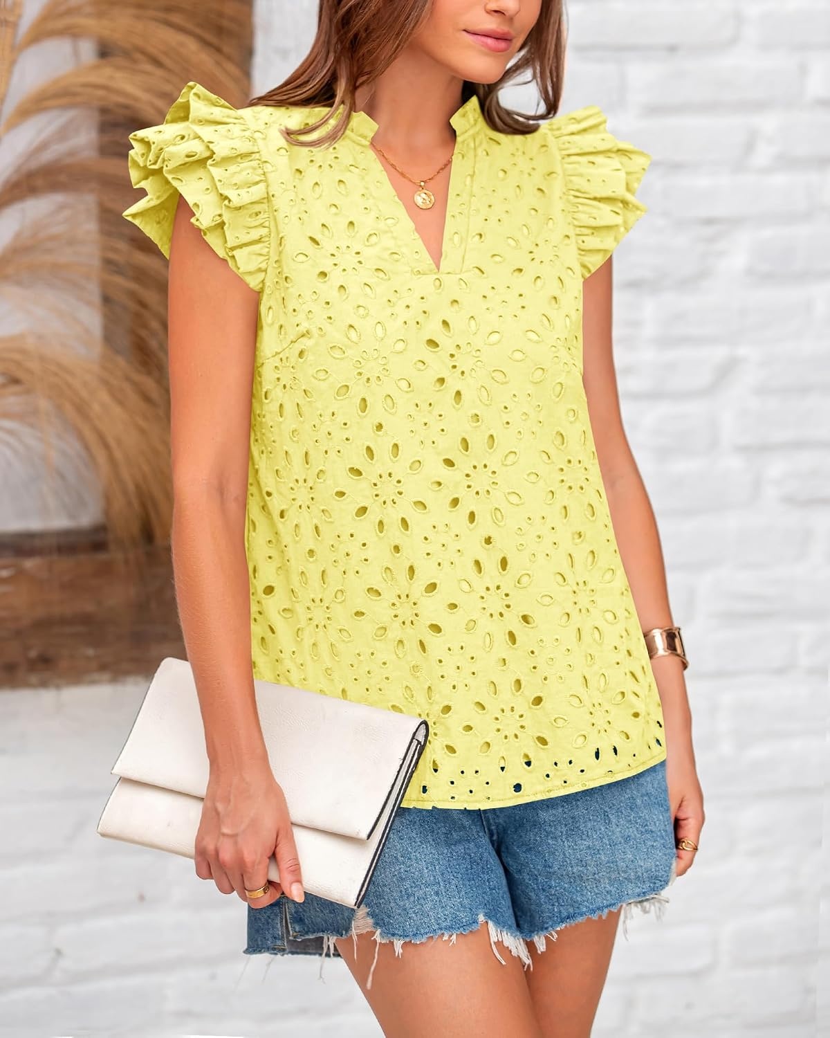 image:imageBTFBM Eyelet Tops for Women Dressy Casual Embroidered ShirtYellow