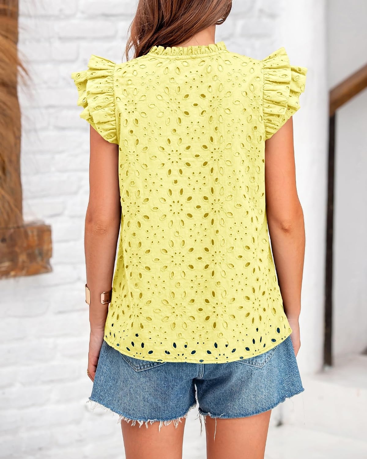 image:imageBTFBM Eyelet Tops for Women Dressy Casual Embroidered ShirtYellow