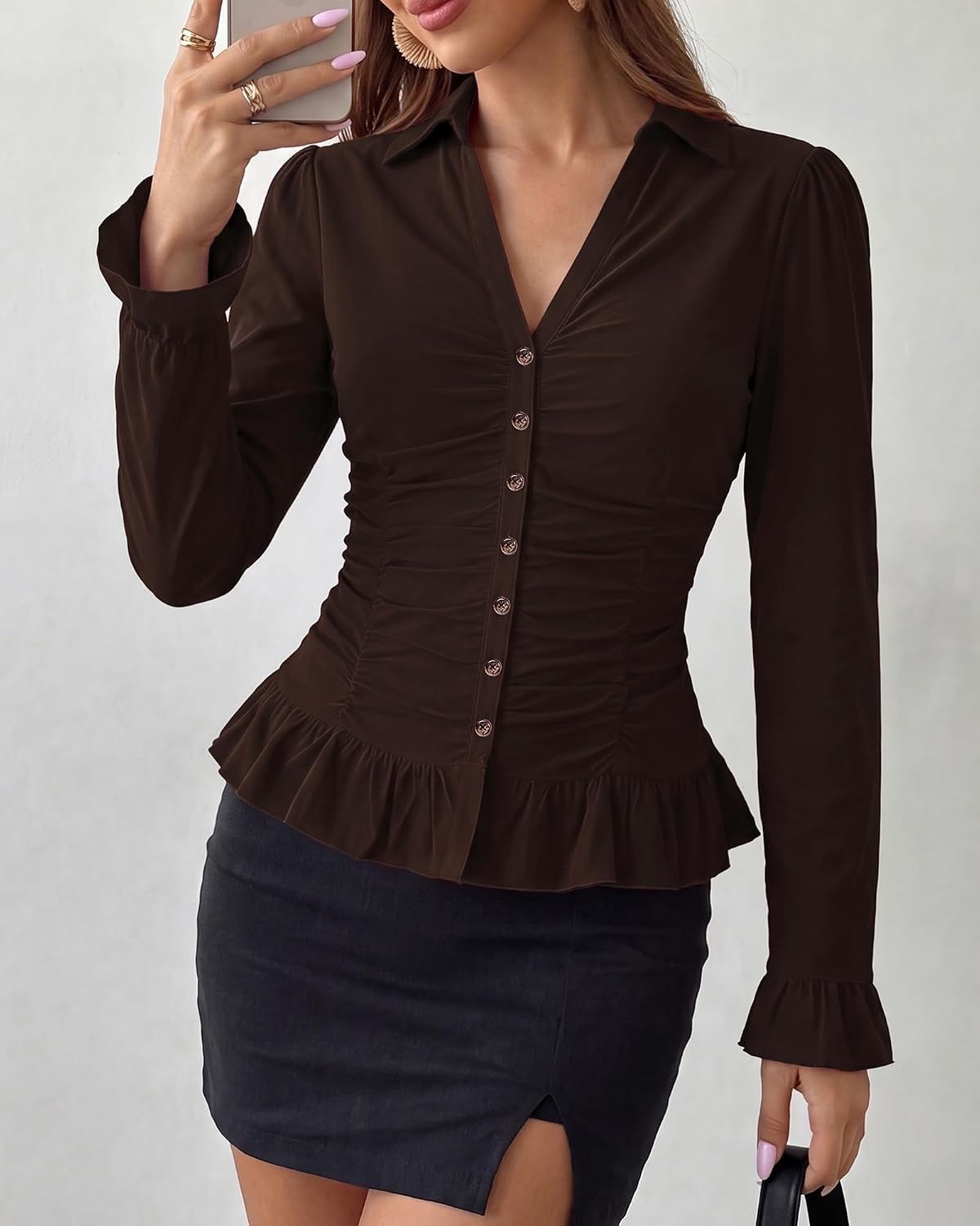 image:imageBTFBM Fitted Button Down Shirts for Women Dressy Casual TopsCoffee