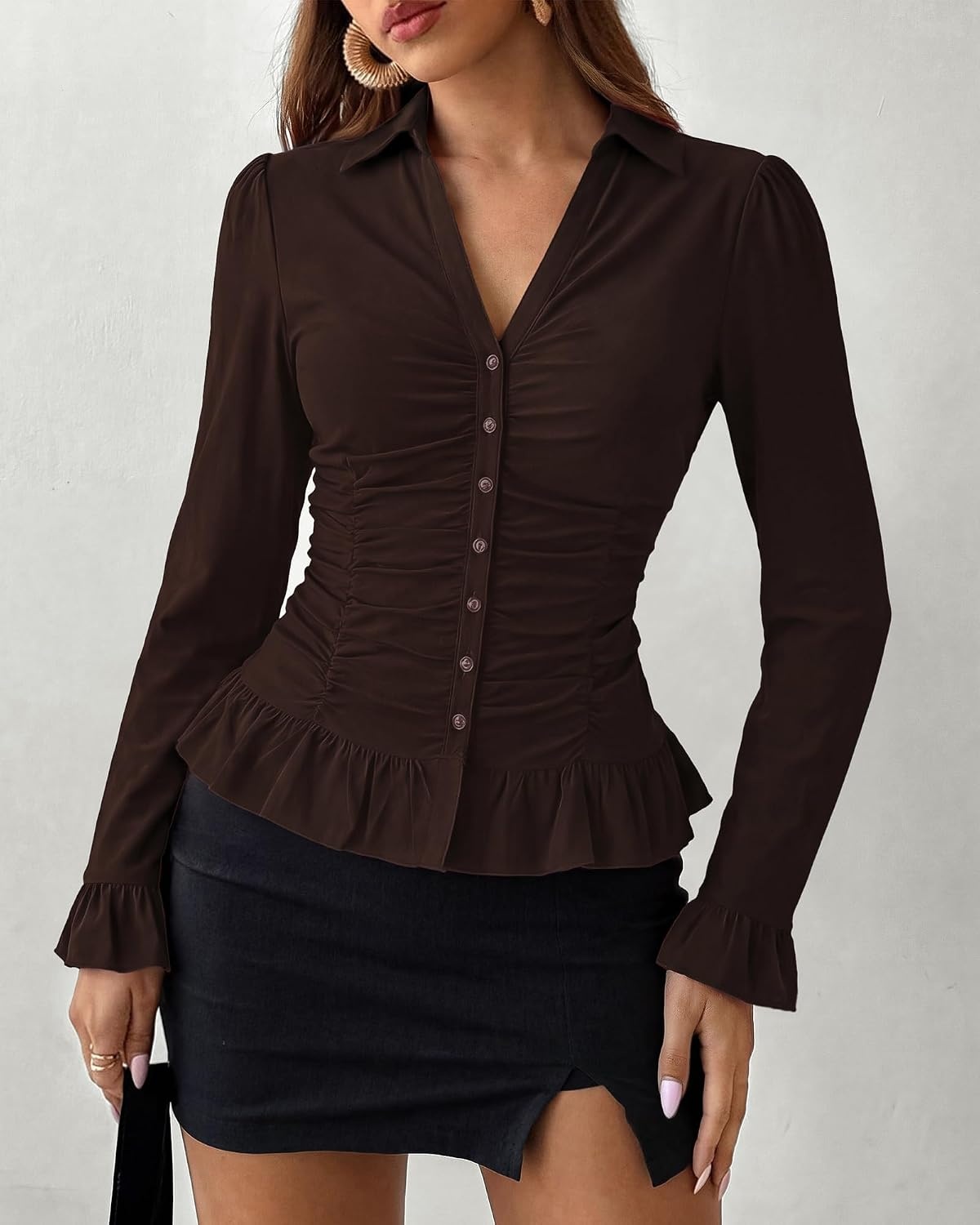 image:imageBTFBM Fitted Button Down Shirts for Women Dressy Casual TopsCoffee