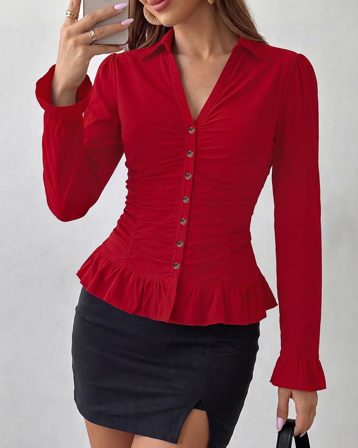 image:imageBTFBM Fitted Button Down Shirts for Women Dressy Casual TopsRed