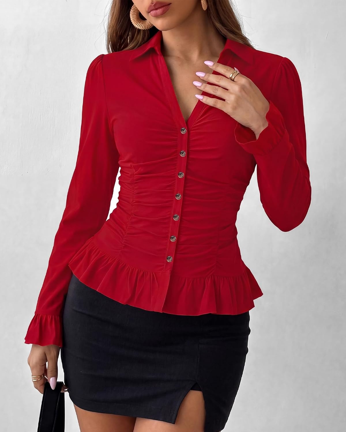 image:imageBTFBM Fitted Button Down Shirts for Women Dressy Casual TopsRed