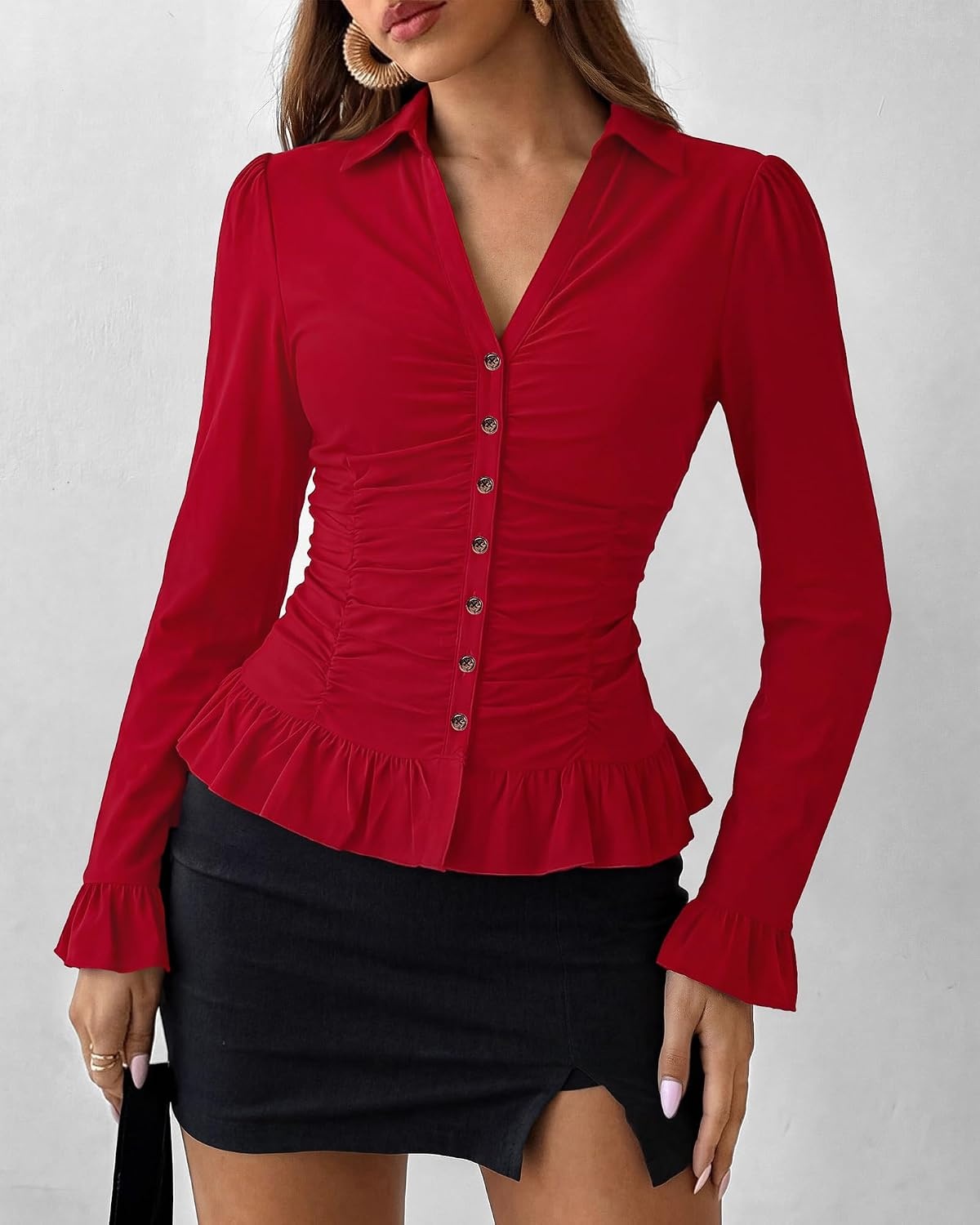 image:imageBTFBM Fitted Button Down Shirts for Women Dressy Casual TopsRed