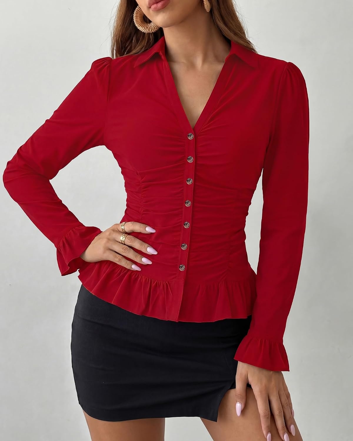 image:imageBTFBM Fitted Button Down Shirts for Women Dressy Casual TopsRed