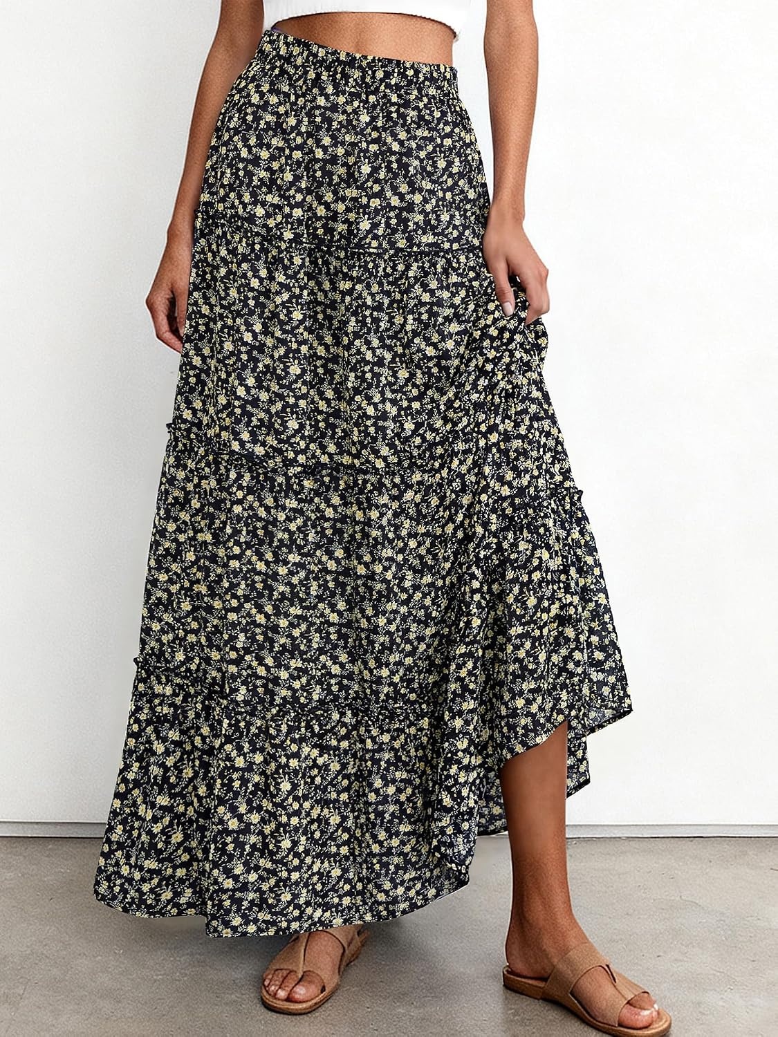 image:imageBTFBM Floral Maxi Skirts for Women Summer Spring 2026 Elastic Waist Tiered Flowy Beach Vacation Outfits Boho Long SkirtFloral Black Yellow
