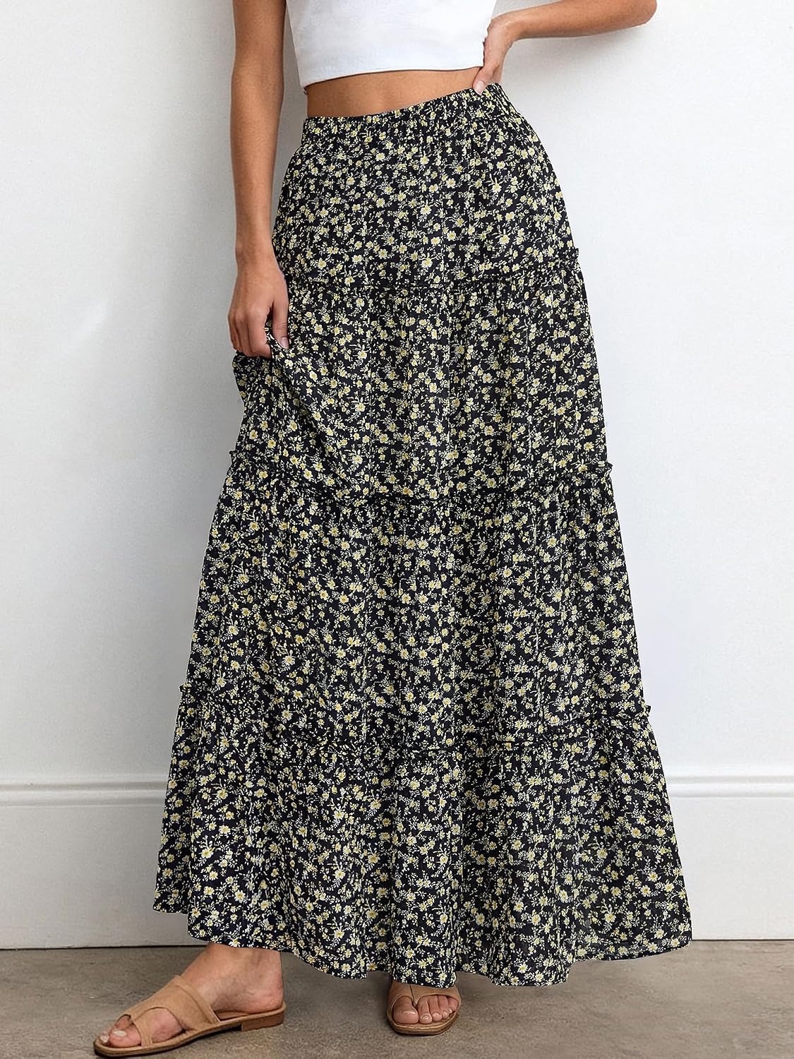 image:imageBTFBM Floral Maxi Skirts for Women Summer Spring 2026 Elastic Waist Tiered Flowy Beach Vacation Outfits Boho Long SkirtFloral Black Yellow