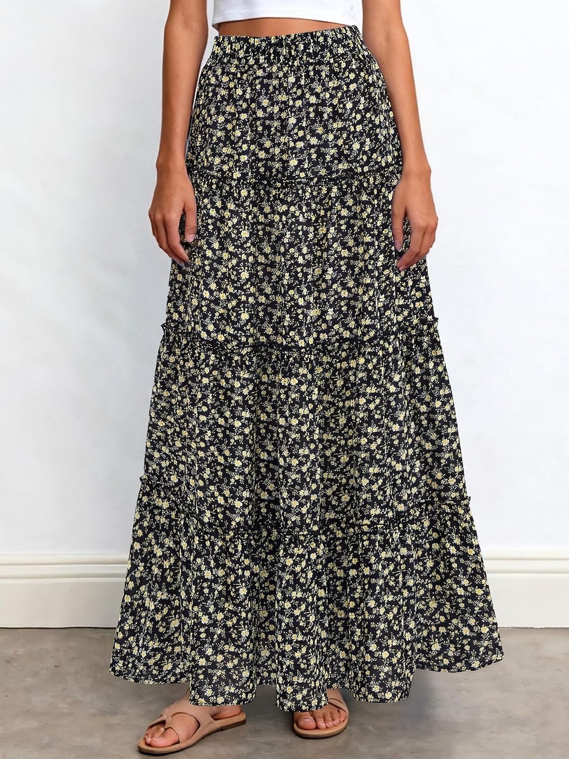 image:imageBTFBM Floral Maxi Skirts for Women Summer Spring 2026 Elastic Waist Tiered Flowy Beach Vacation Outfits Boho Long SkirtFloral Black Yellow
