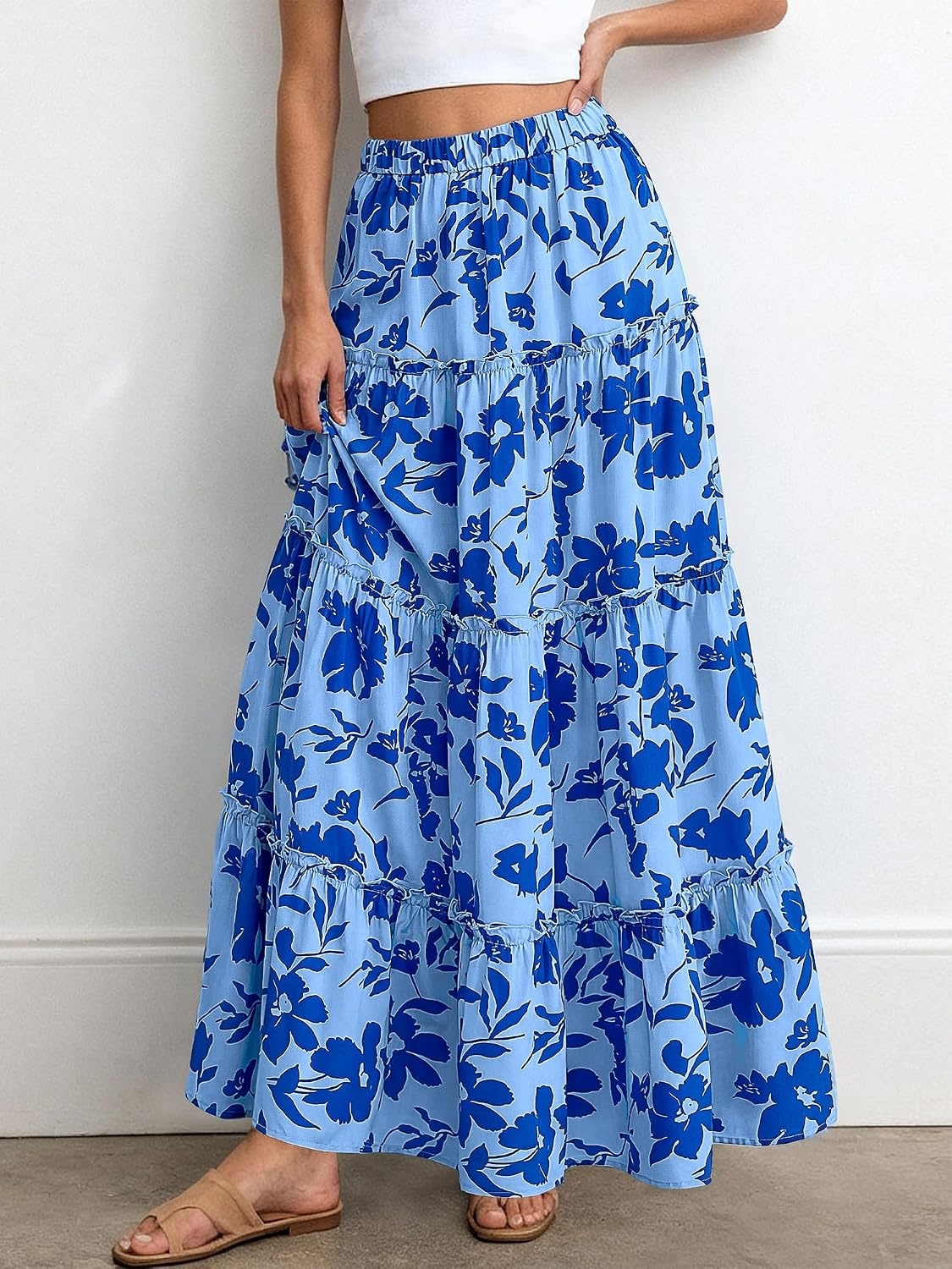 image:imageBTFBM Floral Maxi Skirts for Women Summer Spring 2026 Elastic Waist Tiered Flowy Beach Vacation Outfits Boho Long SkirtFloral Blue