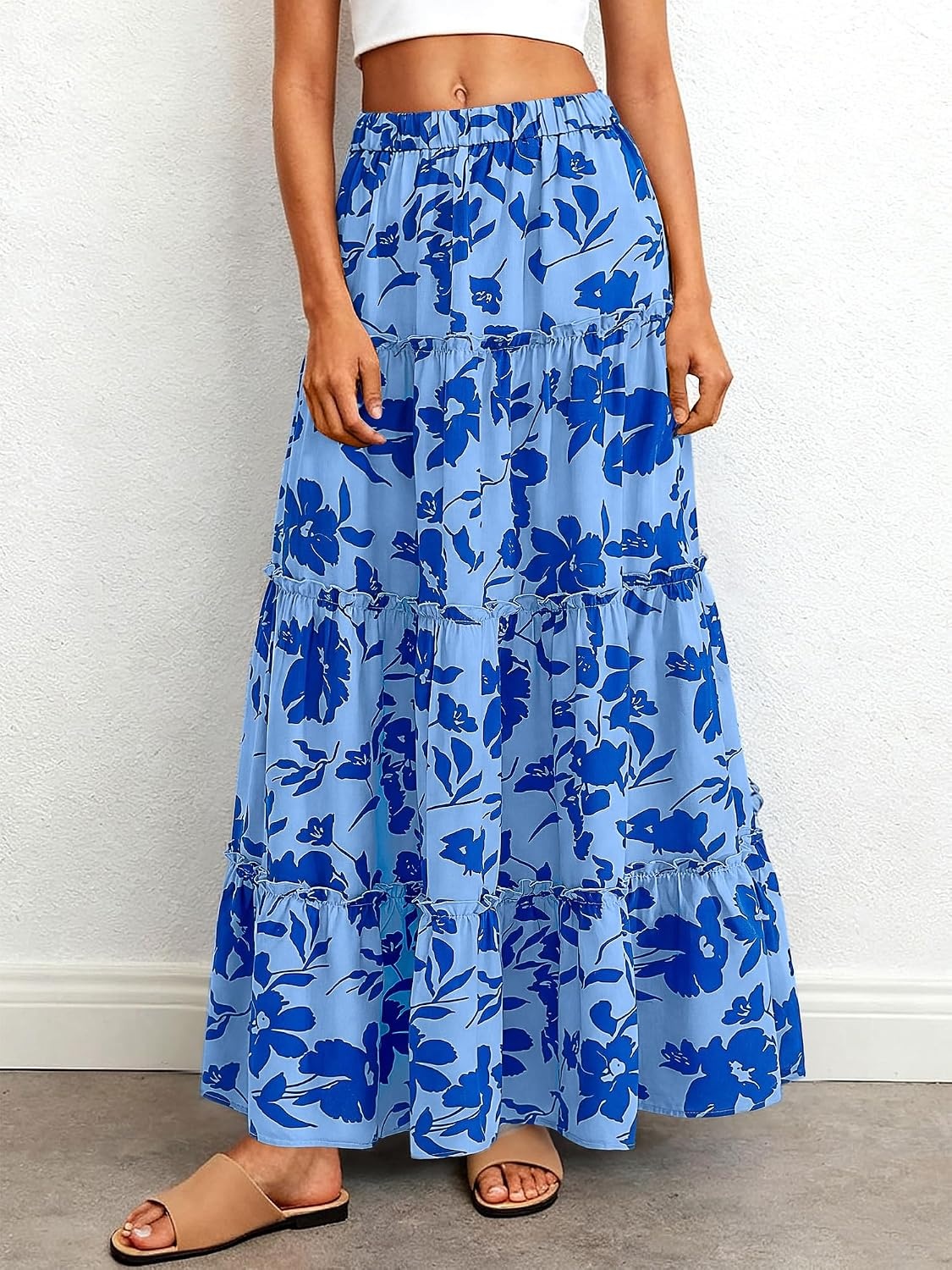 image:imageBTFBM Floral Maxi Skirts for Women Summer Spring 2026 Elastic Waist Tiered Flowy Beach Vacation Outfits Boho Long SkirtFloral Blue