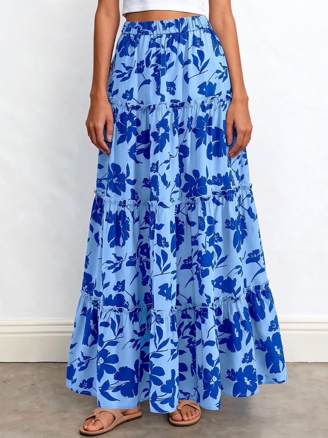 image:imageBTFBM Floral Maxi Skirts for Women Summer Spring 2026 Elastic Waist Tiered Flowy Beach Vacation Outfits Boho Long SkirtFloral Blue