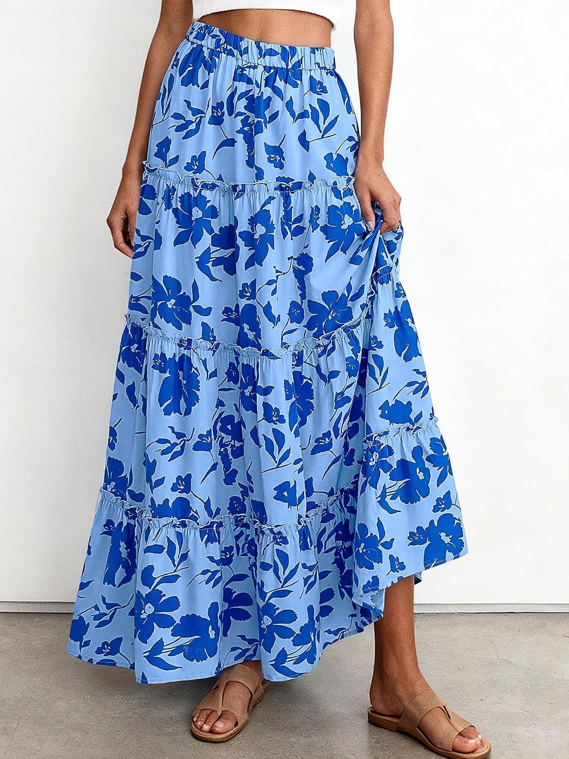 image:imageBTFBM Floral Maxi Skirts for Women Summer Spring 2026 Elastic Waist Tiered Flowy Beach Vacation Outfits Boho Long SkirtFloral Blue