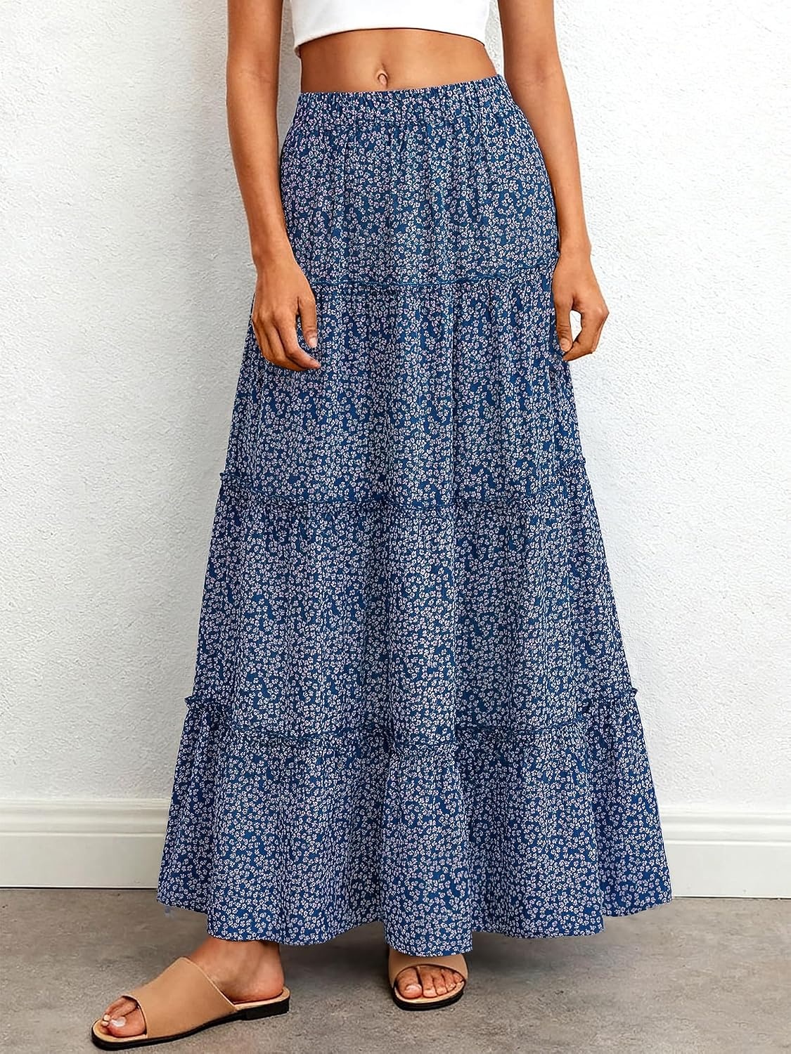 image:imageBTFBM Floral Maxi Skirts for Women Summer Spring 2026 Elastic Waist Tiered Flowy Beach Vacation Outfits Boho Long SkirtFloral Blue Purple