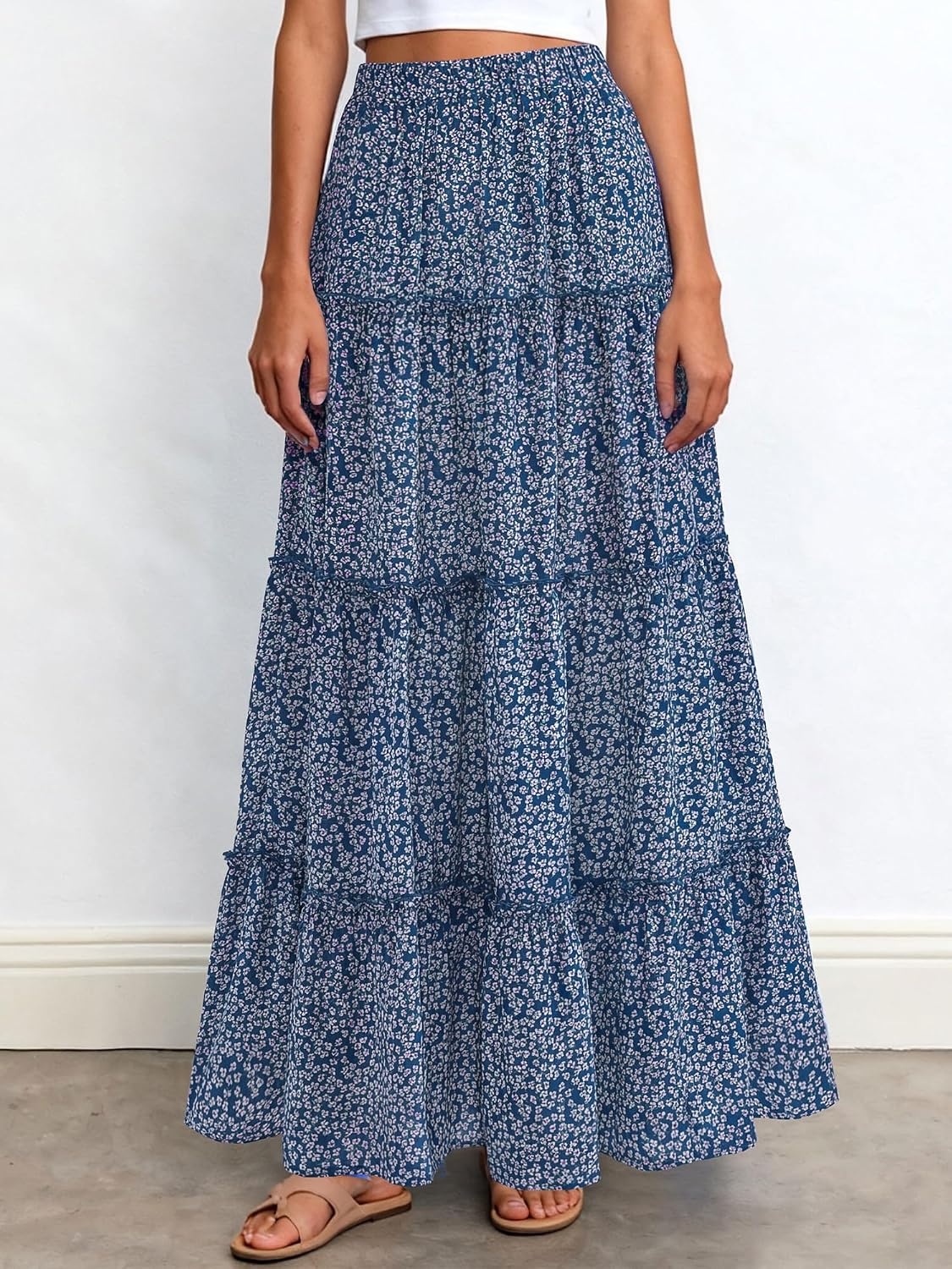 image:imageBTFBM Floral Maxi Skirts for Women Summer Spring 2026 Elastic Waist Tiered Flowy Beach Vacation Outfits Boho Long SkirtFloral Blue Purple