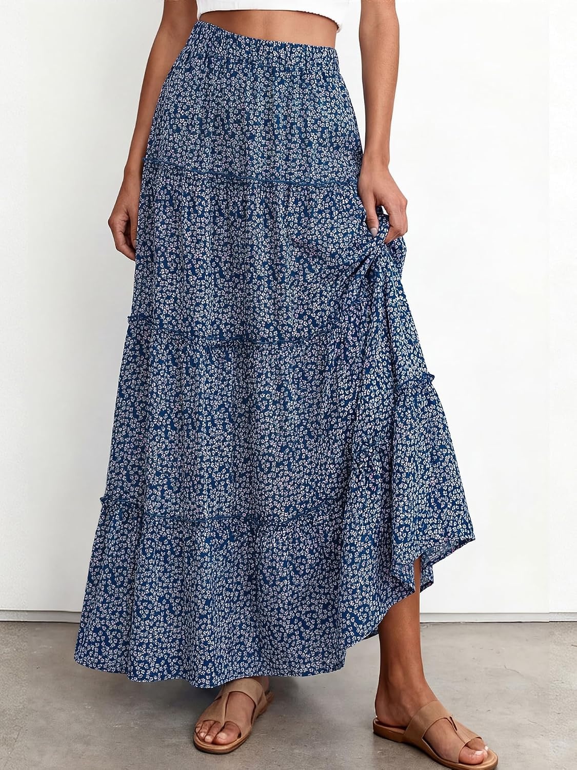 image:imageBTFBM Floral Maxi Skirts for Women Summer Spring 2026 Elastic Waist Tiered Flowy Beach Vacation Outfits Boho Long SkirtFloral Blue Purple