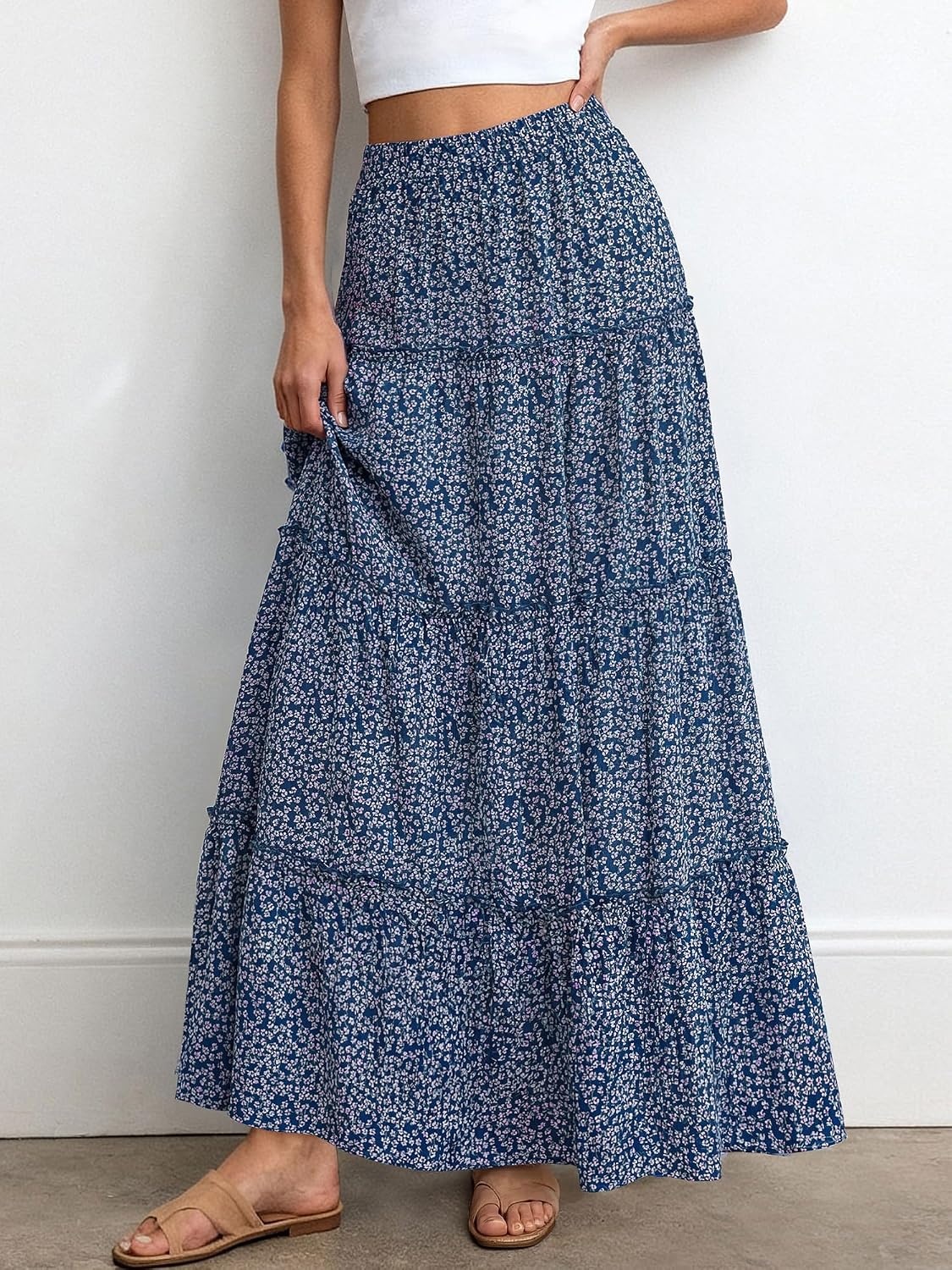 image:imageBTFBM Floral Maxi Skirts for Women Summer Spring 2026 Elastic Waist Tiered Flowy Beach Vacation Outfits Boho Long SkirtFloral Blue Purple