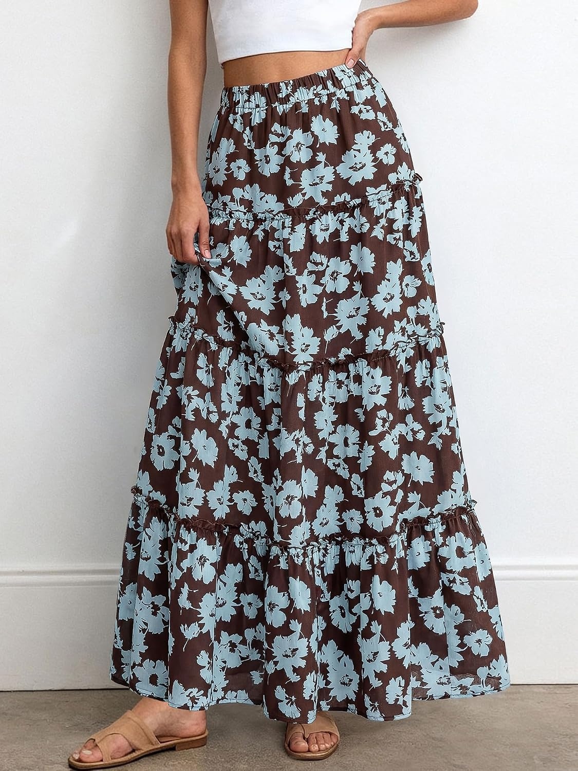 image:imageBTFBM Floral Maxi Skirts for Women Summer Spring 2026 Elastic Waist Tiered Flowy Beach Vacation Outfits Boho Long SkirtFloral Brown Light Blue
