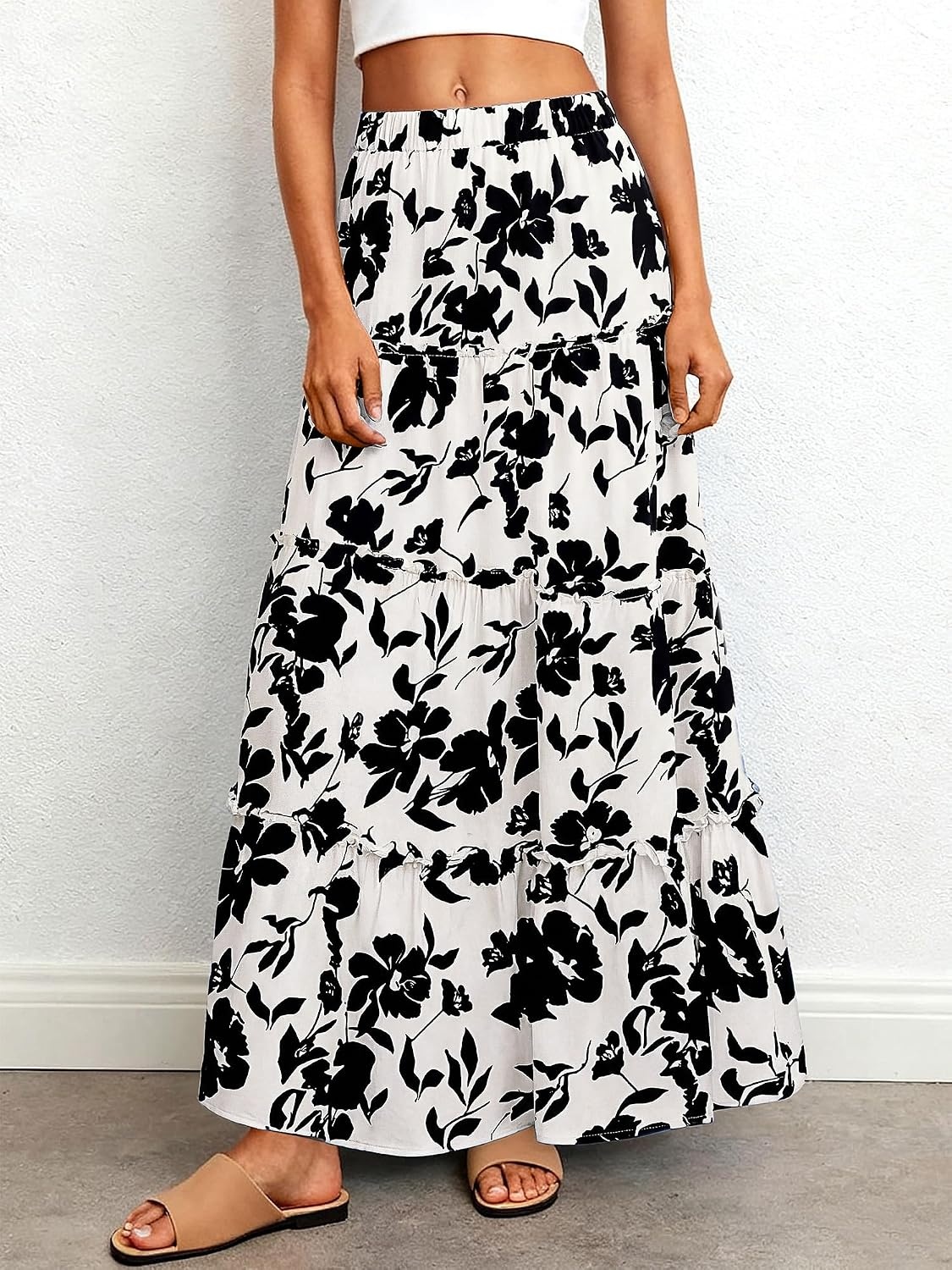 image:imageBTFBM Floral Maxi Skirts for Women Summer Spring 2026 Elastic Waist Tiered Flowy Beach Vacation Outfits Boho Long SkirtFloral White Black