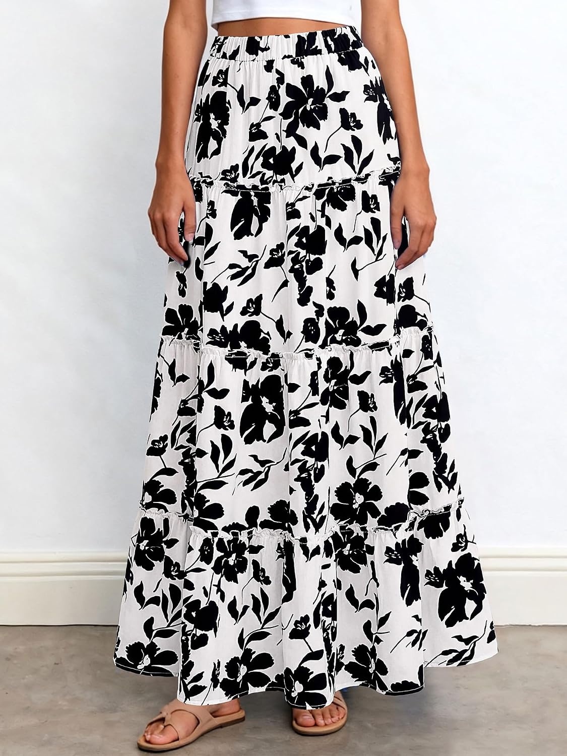 image:imageBTFBM Floral Maxi Skirts for Women Summer Spring 2026 Elastic Waist Tiered Flowy Beach Vacation Outfits Boho Long SkirtFloral White Black
