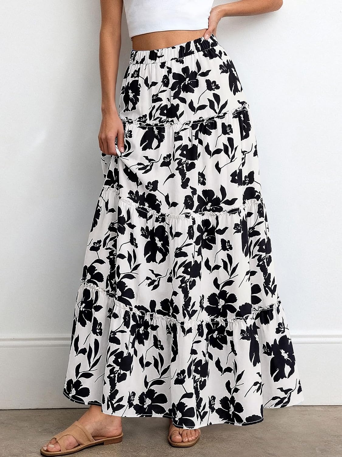 image:imageBTFBM Floral Maxi Skirts for Women Summer Spring 2026 Elastic Waist Tiered Flowy Beach Vacation Outfits Boho Long SkirtFloral White Black