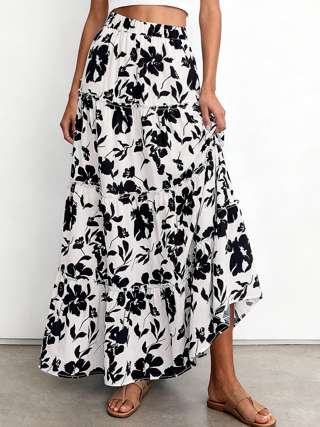 image:imageBTFBM Floral Maxi Skirts for Women Summer Spring 2026 Elastic Waist Tiered Flowy Beach Vacation Outfits Boho Long SkirtFloral White Black