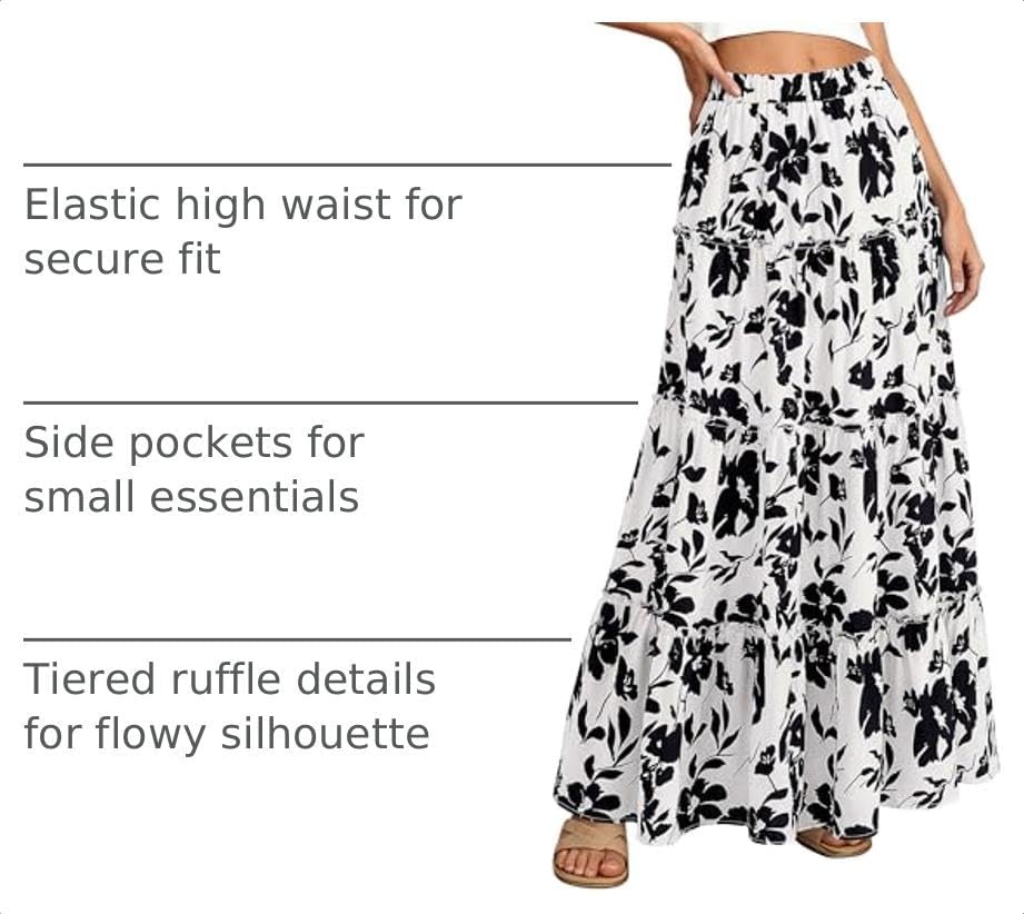 image:imageBTFBM Floral Maxi Skirts for Women Summer Spring 2026 Elastic Waist Tiered Flowy Beach Vacation Outfits Boho Long SkirtFloral White Black