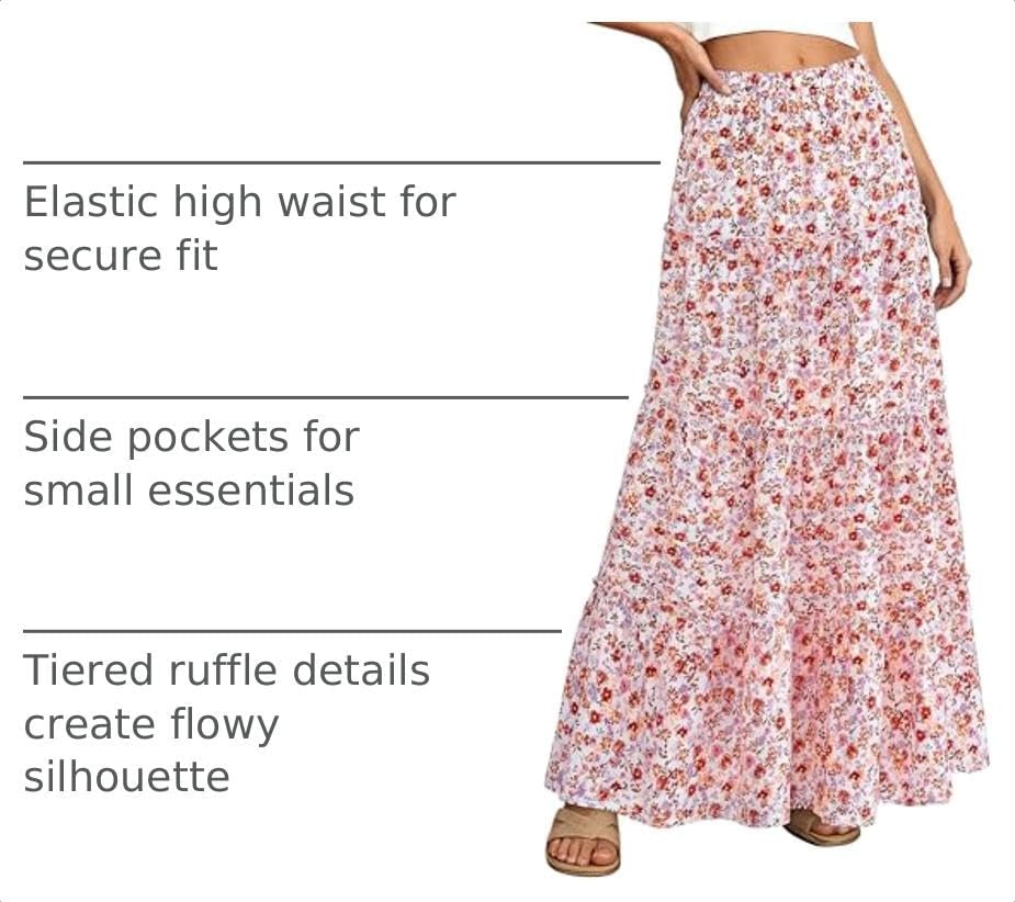 image:imageBTFBM Floral Maxi Skirts for Women Summer Spring 2026 Elastic Waist Tiered Flowy Beach Vacation Outfits Boho Long SkirtFloral White Orange