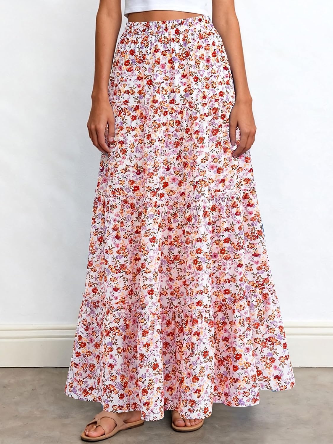 image:imageBTFBM Floral Maxi Skirts for Women Summer Spring 2026 Elastic Waist Tiered Flowy Beach Vacation Outfits Boho Long SkirtFloral White Orange