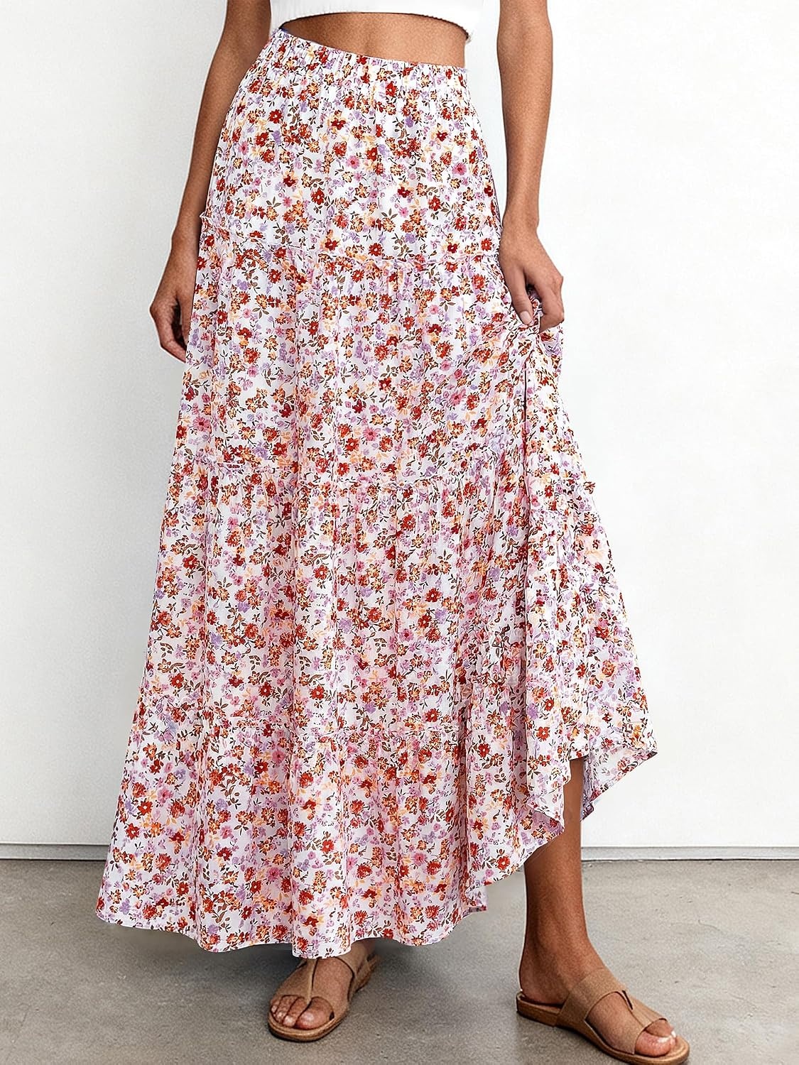 image:imageBTFBM Floral Maxi Skirts for Women Summer Spring 2026 Elastic Waist Tiered Flowy Beach Vacation Outfits Boho Long SkirtFloral White Orange