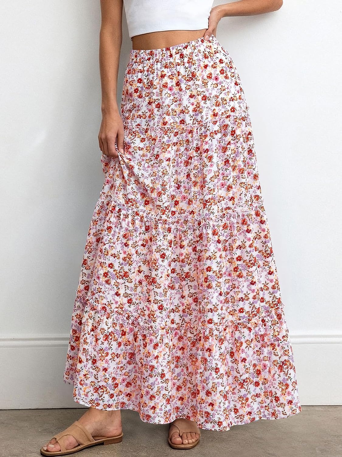 image:imageBTFBM Floral Maxi Skirts for Women Summer Spring 2026 Elastic Waist Tiered Flowy Beach Vacation Outfits Boho Long SkirtFloral White Orange