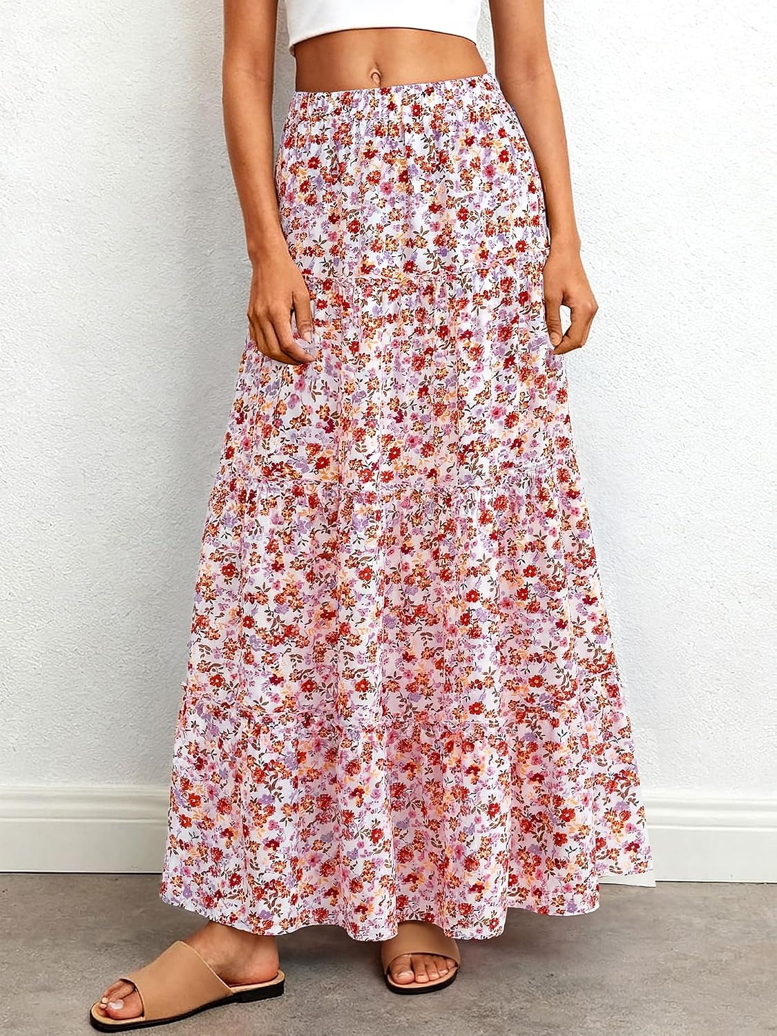 image:imageBTFBM Floral Maxi Skirts for Women Summer Spring 2026 Elastic Waist Tiered Flowy Beach Vacation Outfits Boho Long SkirtFloral White Orange