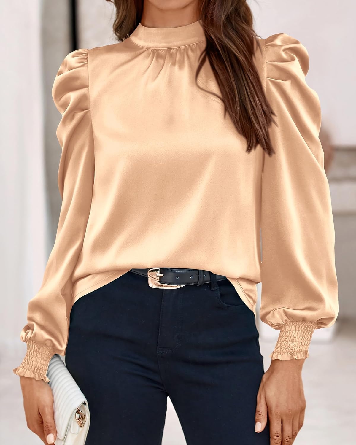 image:imageBTFBM High Neck Long Sleeve Satin Blouses for Women DressyApricot