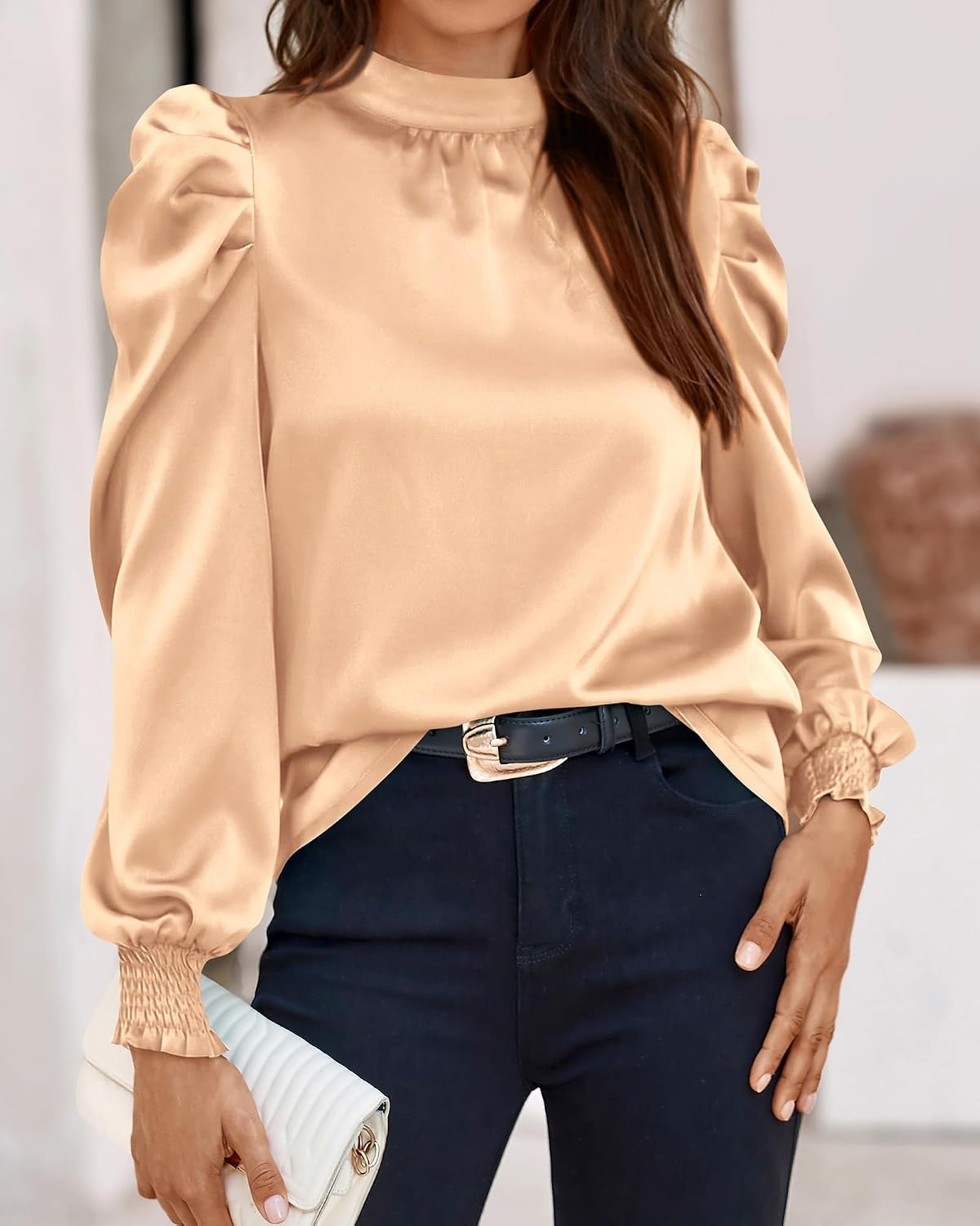 image:imageBTFBM High Neck Long Sleeve Satin Blouses for Women DressyApricot