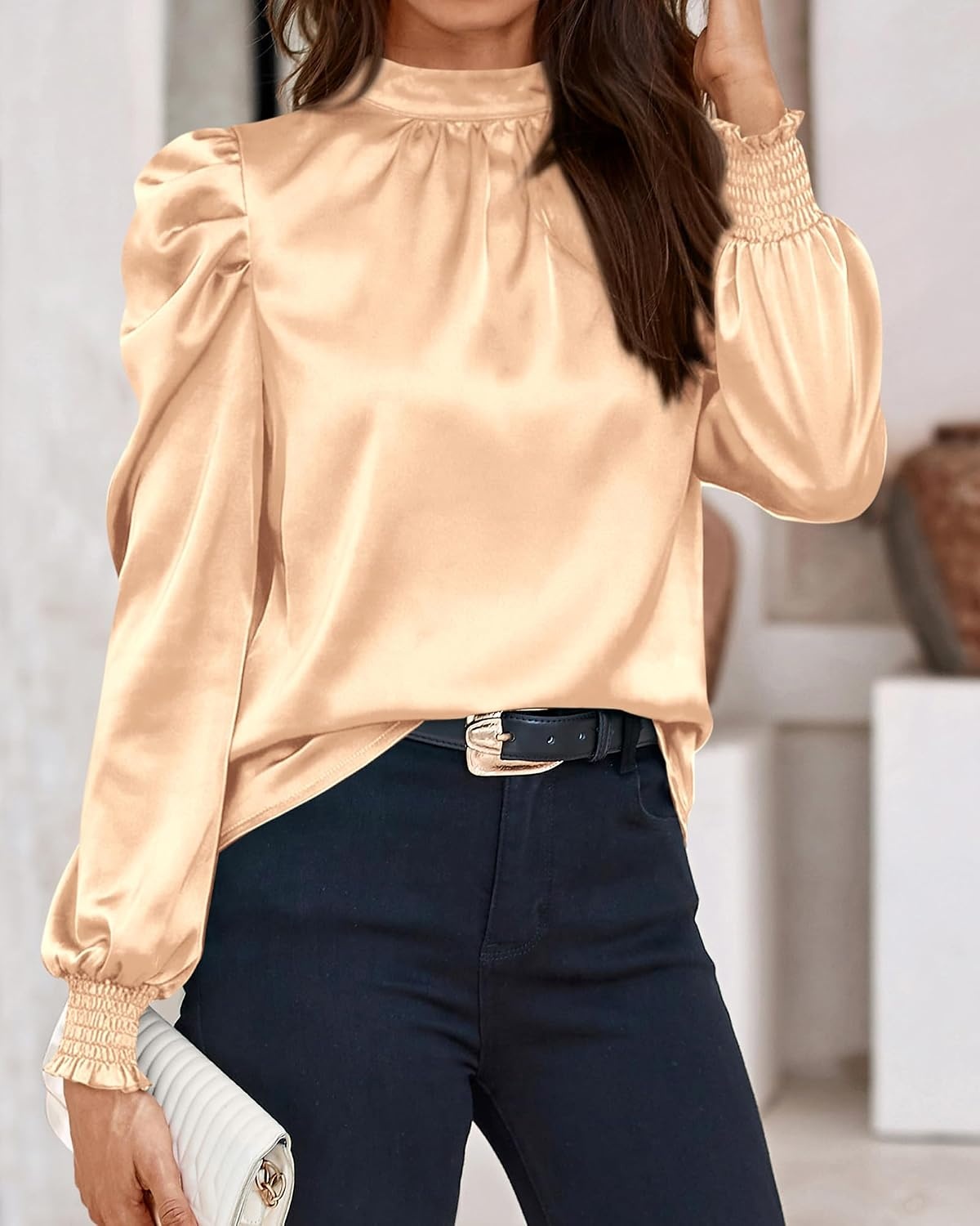 image:imageBTFBM High Neck Long Sleeve Satin Blouses for Women DressyApricot