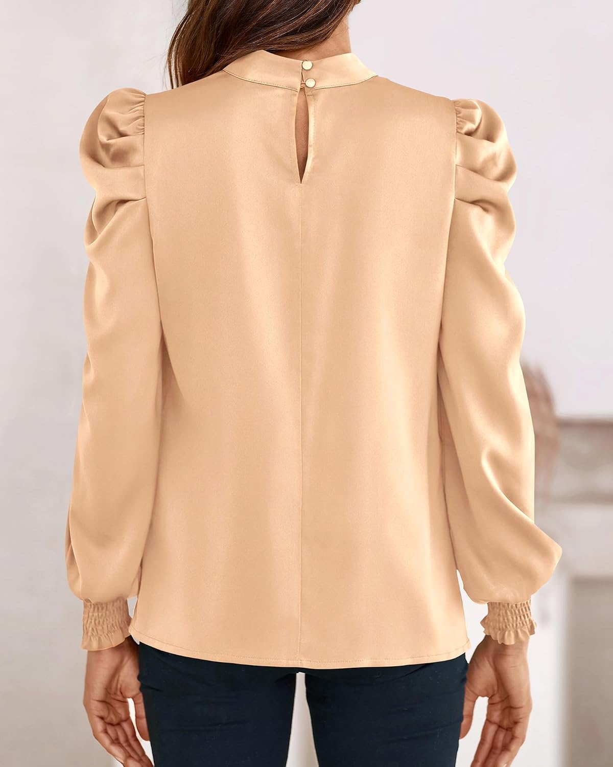image:imageBTFBM High Neck Long Sleeve Satin Blouses for Women DressyApricot