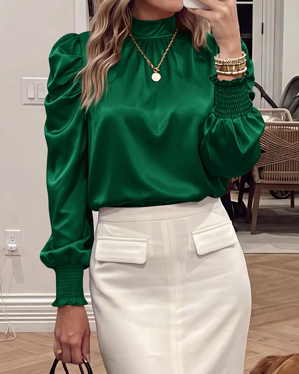 image:imageBTFBM High Neck Long Sleeve Satin Blouses for Women DressyDark Green
