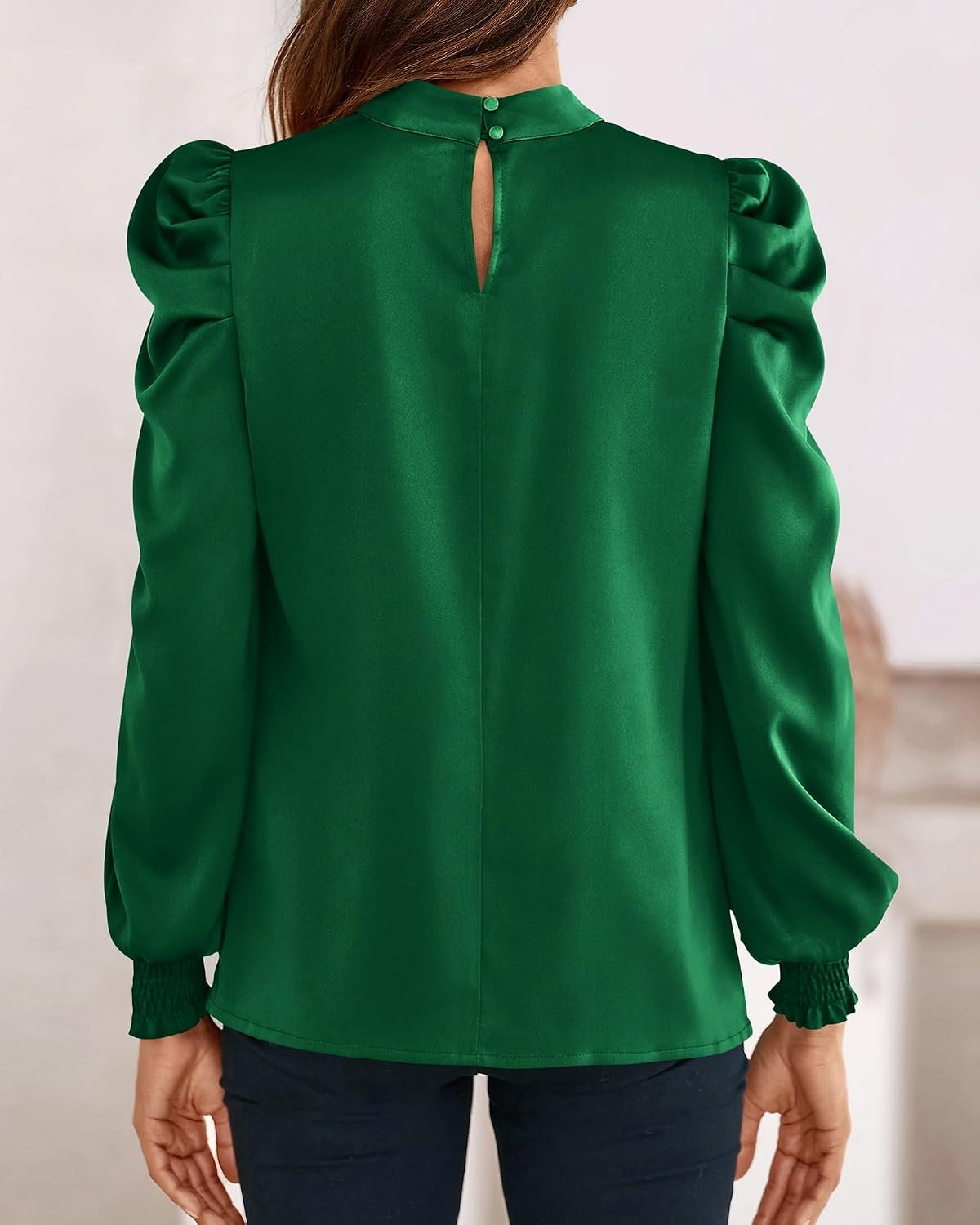 image:imageBTFBM High Neck Long Sleeve Satin Blouses for Women DressyDark Green
