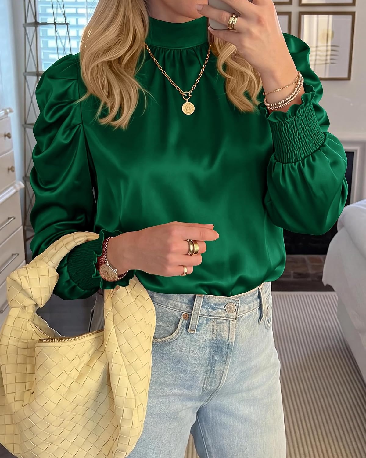 image:imageBTFBM High Neck Long Sleeve Satin Blouses for Women DressyDark Green