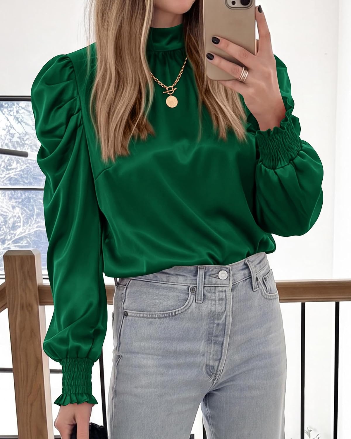 image:imageBTFBM High Neck Long Sleeve Satin Blouses for Women DressyDark Green