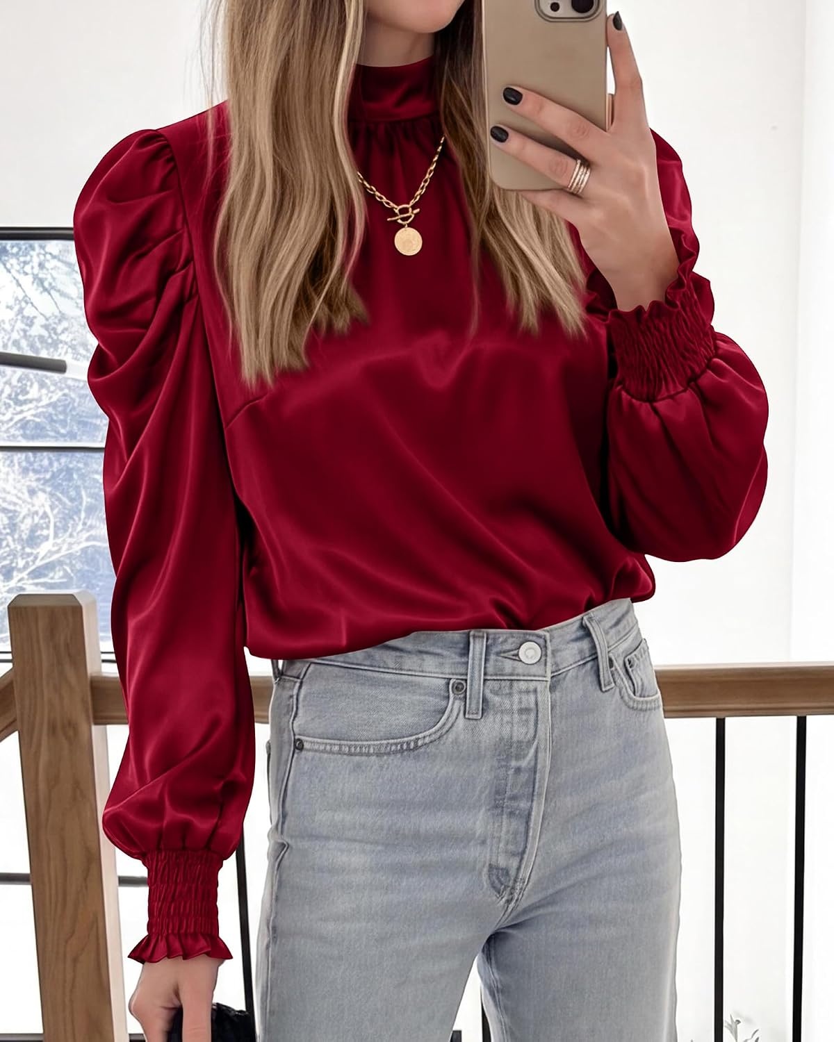 image:imageBTFBM High Neck Long Sleeve Satin Blouses for Women DressyWine Red