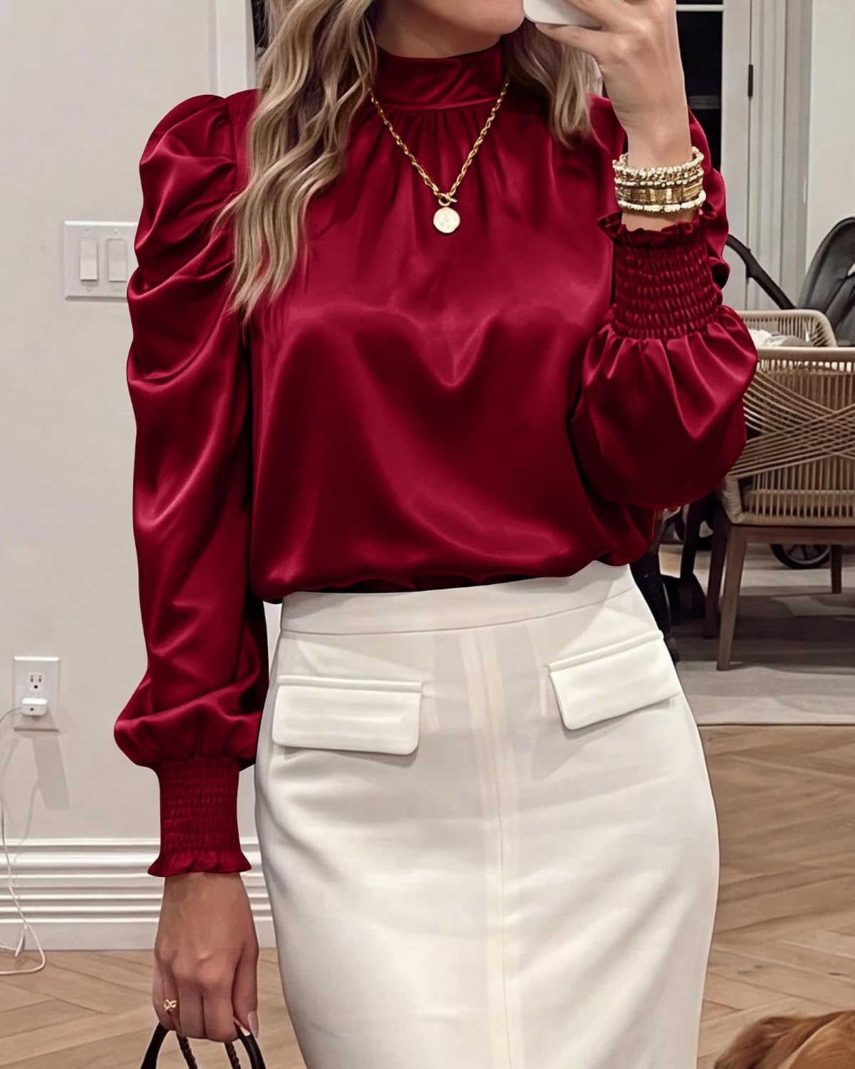 image:imageBTFBM High Neck Long Sleeve Satin Blouses for Women DressyWine Red