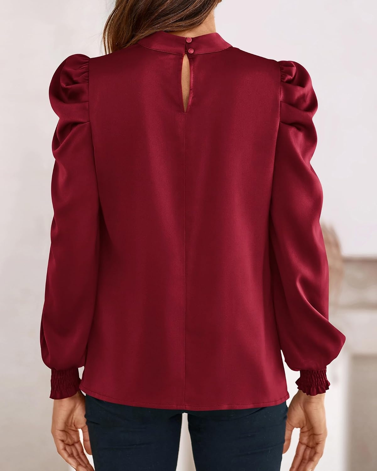 image:imageBTFBM High Neck Long Sleeve Satin Blouses for Women DressyWine Red