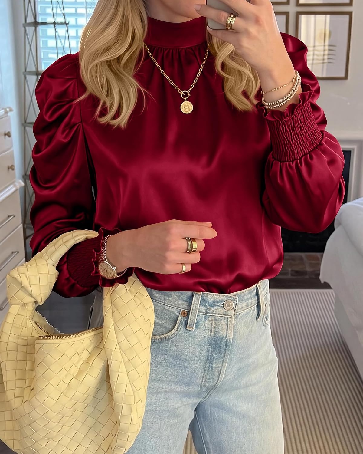 image:imageBTFBM High Neck Long Sleeve Satin Blouses for Women DressyWine Red