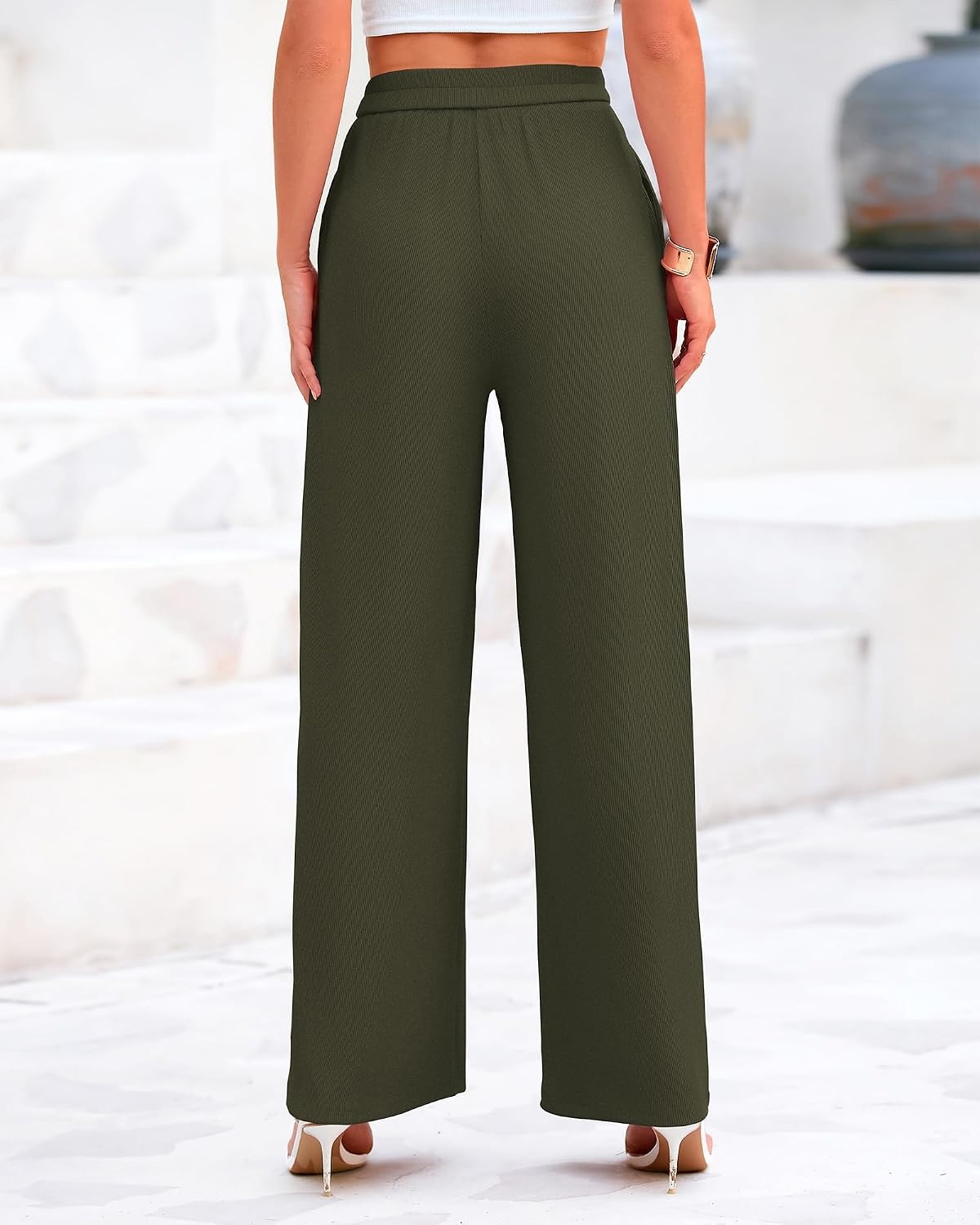 image:imageBTFBM High Waist Palazzo Pants for Women Rib KnitArmy Green
