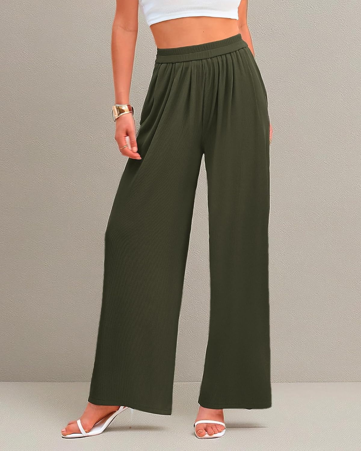 image:imageBTFBM High Waist Palazzo Pants for Women Rib KnitArmy Green
