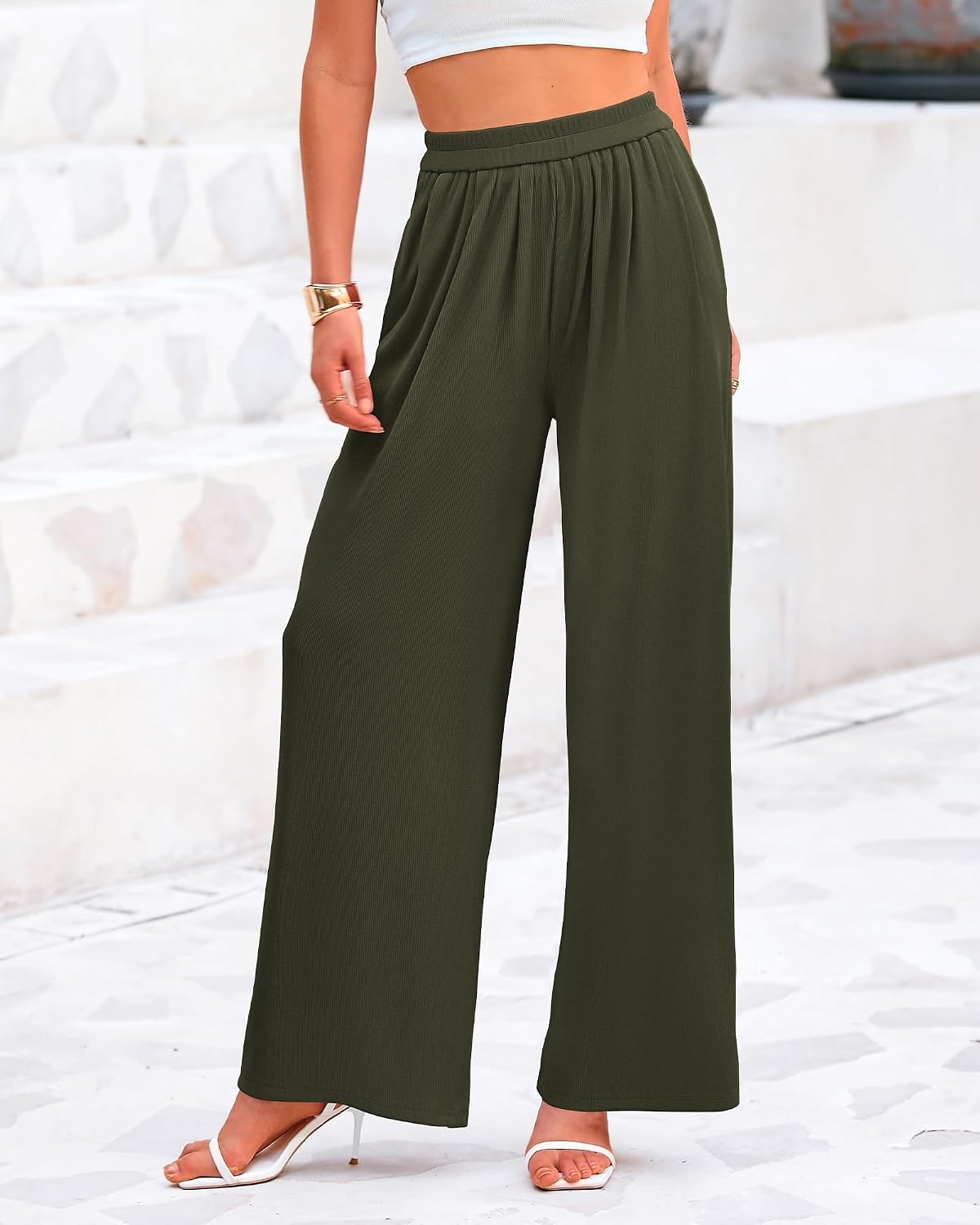 image:imageBTFBM High Waist Palazzo Pants for Women Rib KnitArmy Green