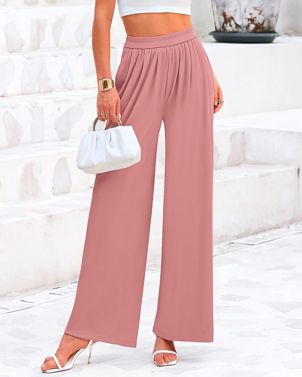 image:imageBTFBM High Waist Palazzo Pants for Women Rib KnitDusty Pink