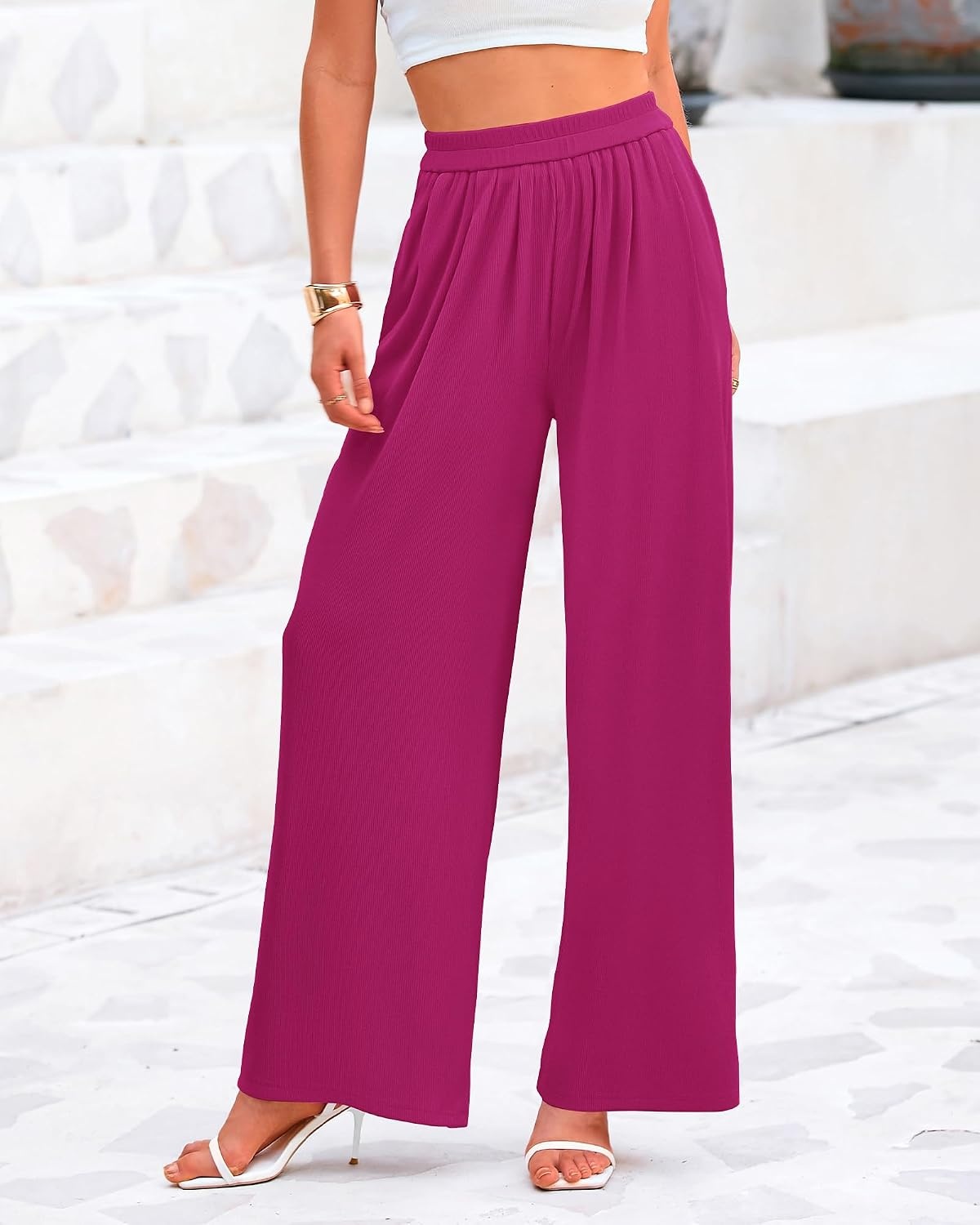 image:imageBTFBM High Waist Palazzo Pants for Women Rib KnitRose Red