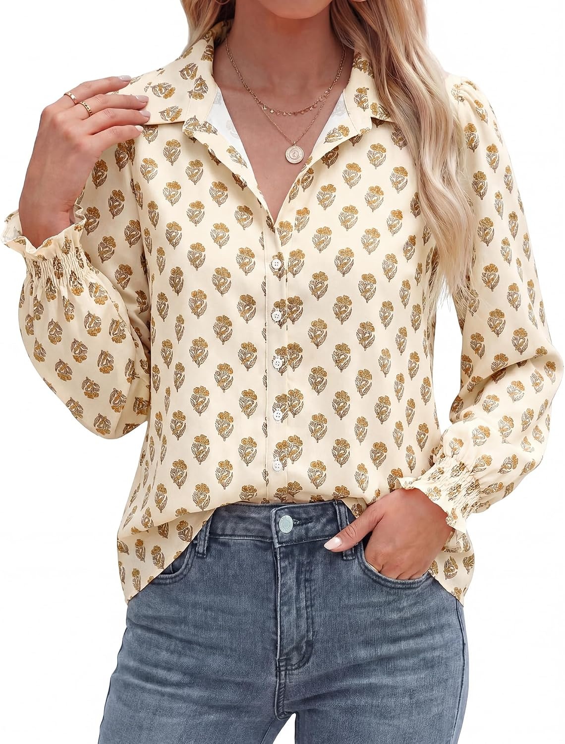 image:imageBTFBM Long Sleeve Blouses for WomenFloral Apricot Yellow