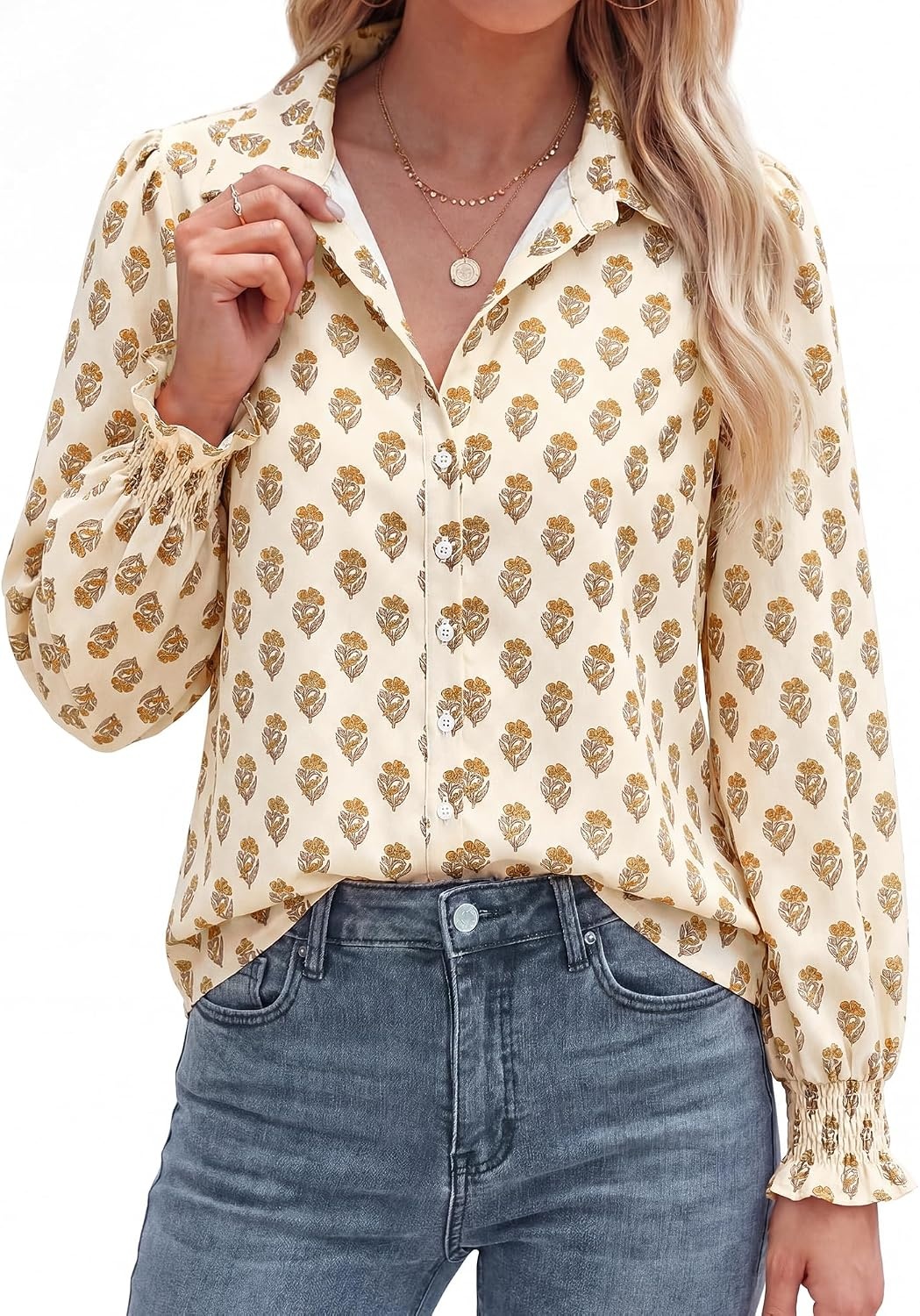 image:imageBTFBM Long Sleeve Blouses for WomenFloral Apricot Yellow